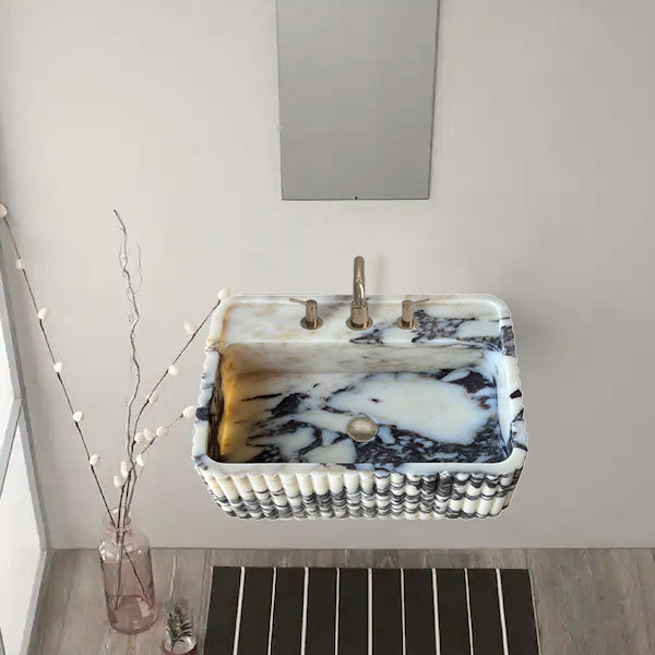 Calacatta Viola Marble Wall-Mount Rectangular Fluted Bathroom Sink