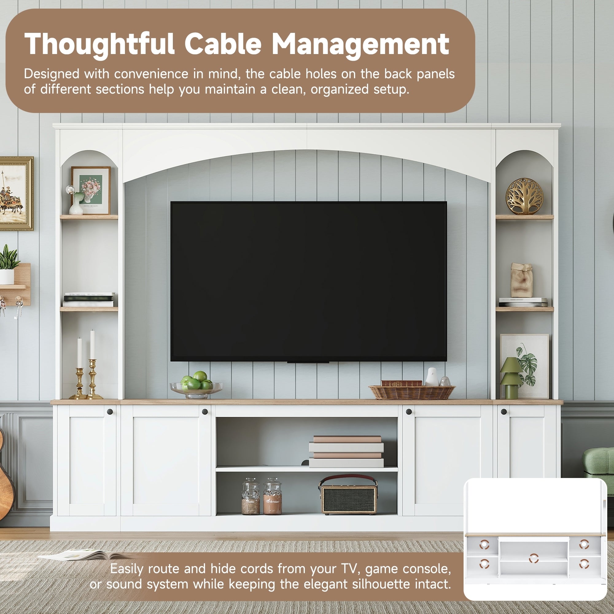 Entertainment Center Arched Wall Unit White MDF Fits TV 91.6x14.9x73.8 In