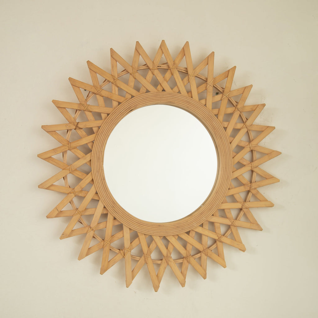 Wall Mirror Round Bamboo Hemp Rope Diamond Pattern Natural Boho 23.6 In