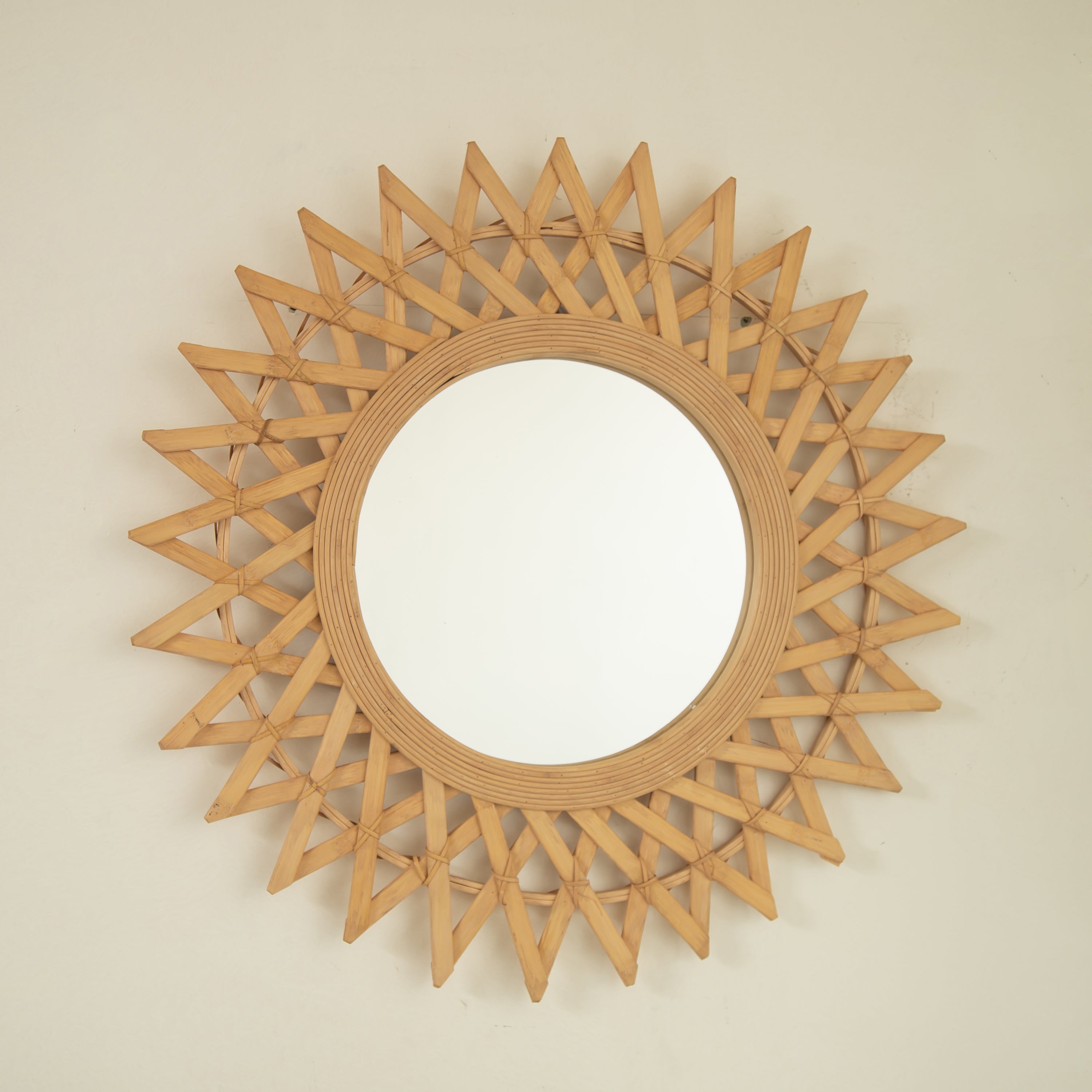 Wall Mirror Round Bamboo Hemp Rope Diamond Pattern Natural Boho 23.6 In