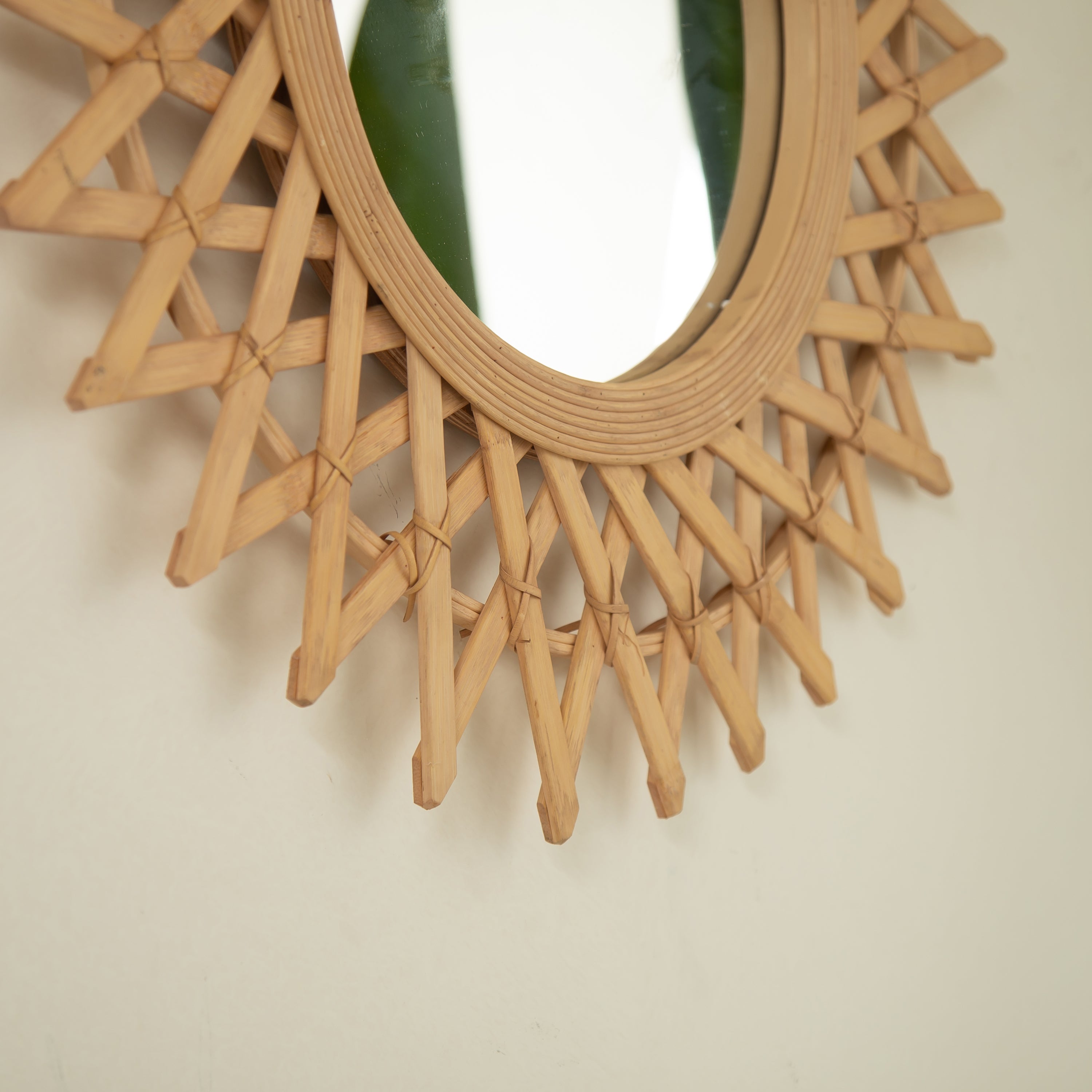 Wall Mirror Round Bamboo Hemp Rope Diamond Pattern Natural Boho 23.6 In