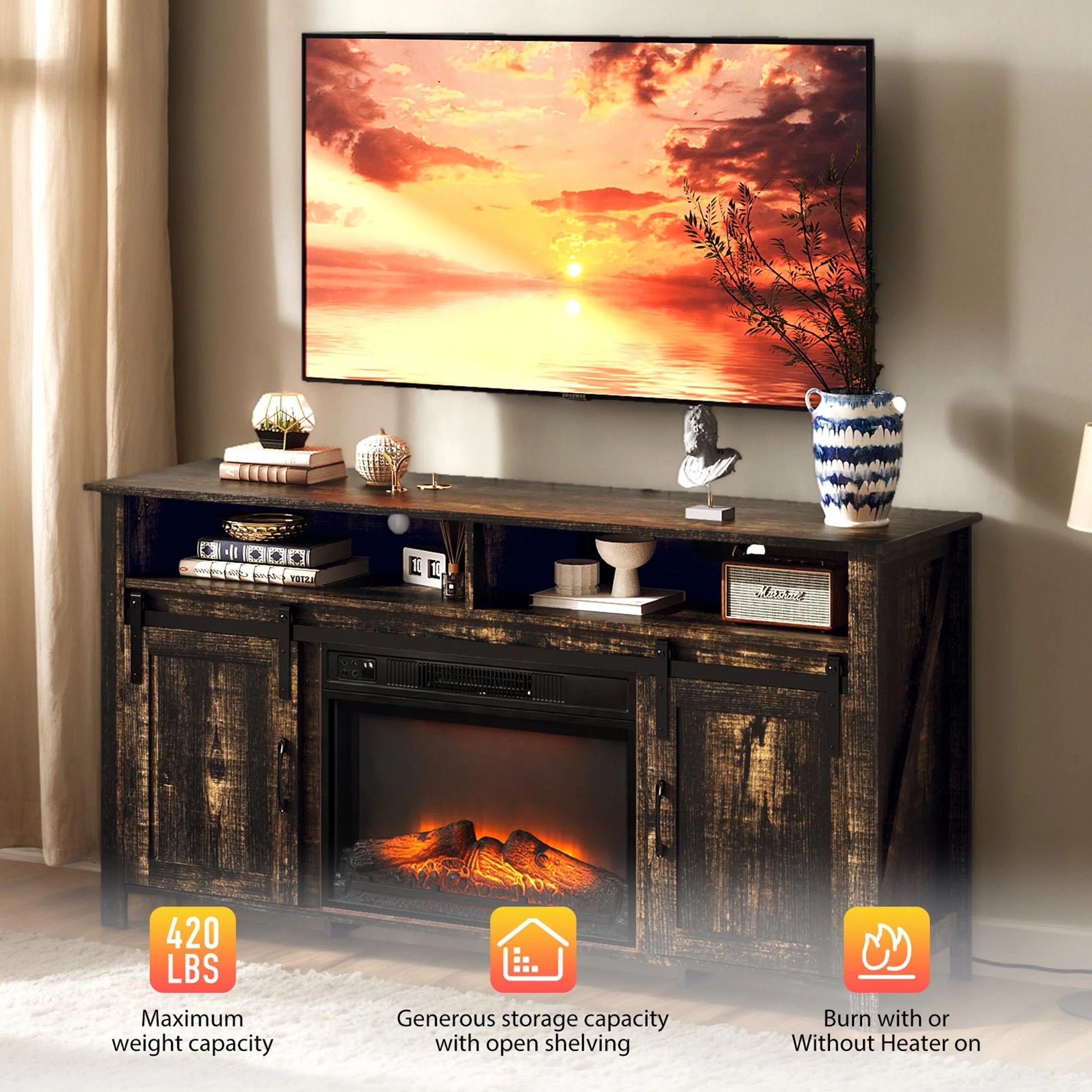 Fireplace TV Stand for 65 Inch TV, TV Console with 23''Electric Fireplace, Console Entertainment Center Television Table for Living Room or Bedroom, Black