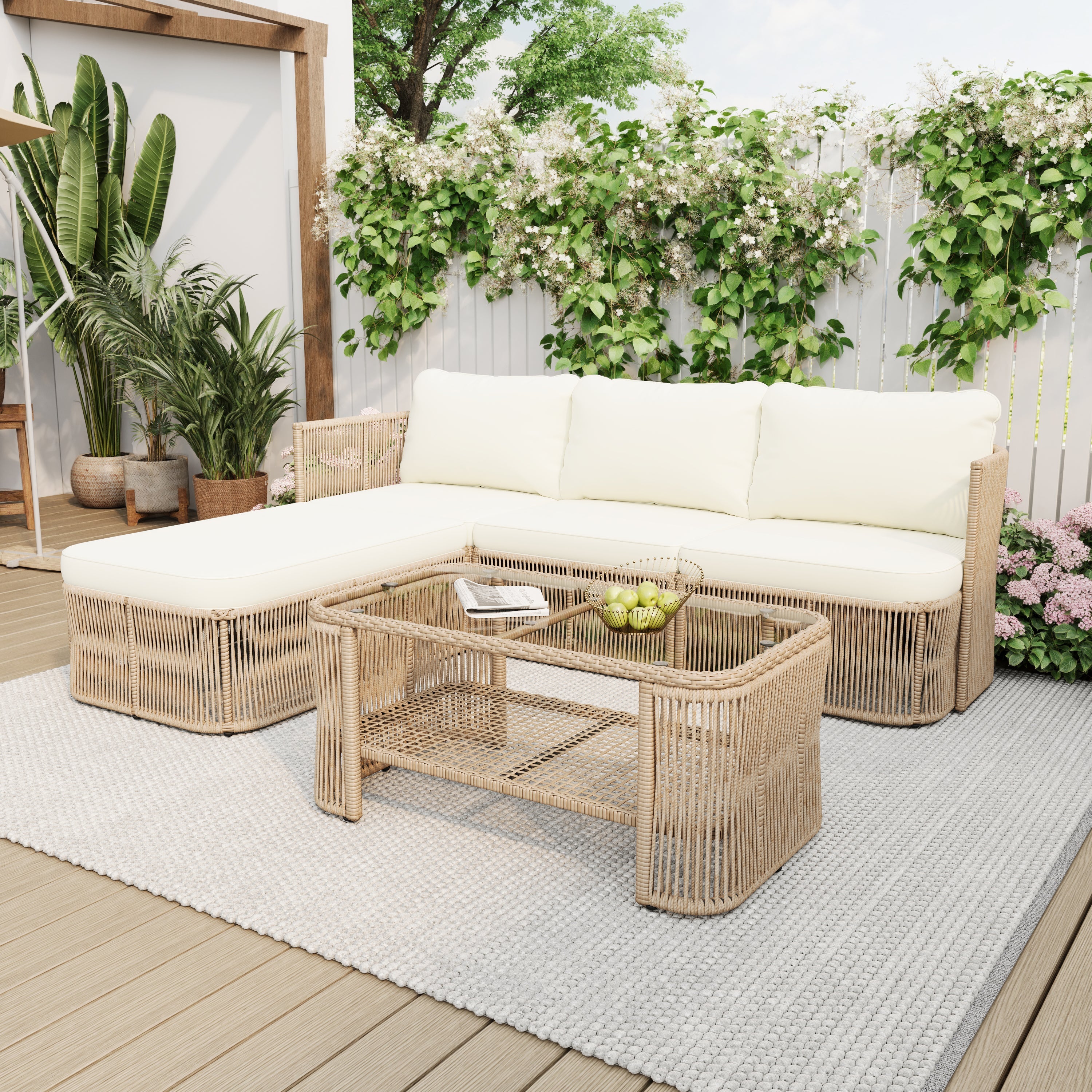 Outdoor Patio Set PE Rattan Iron Dark Beige Modular Glass Table