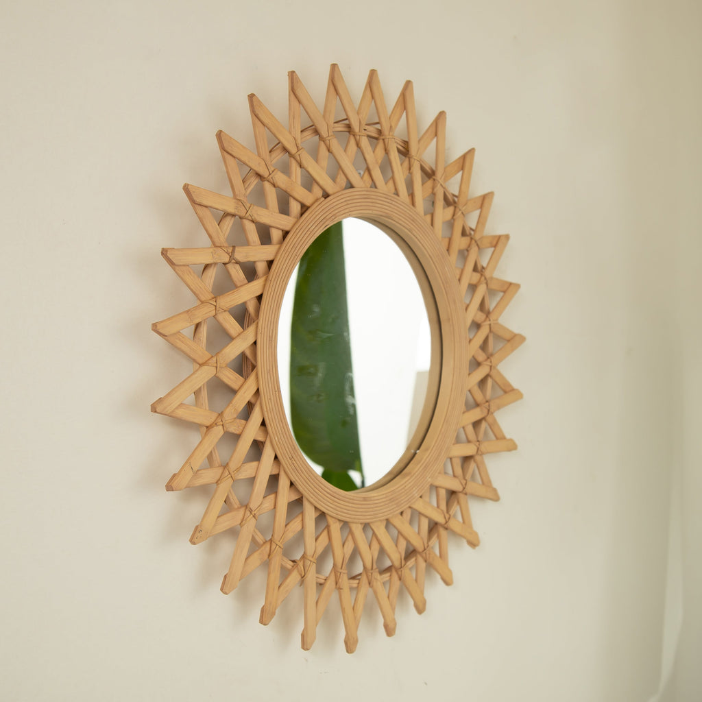 Wall Mirror Round Bamboo Hemp Rope Diamond Pattern Natural Boho 23.6 In