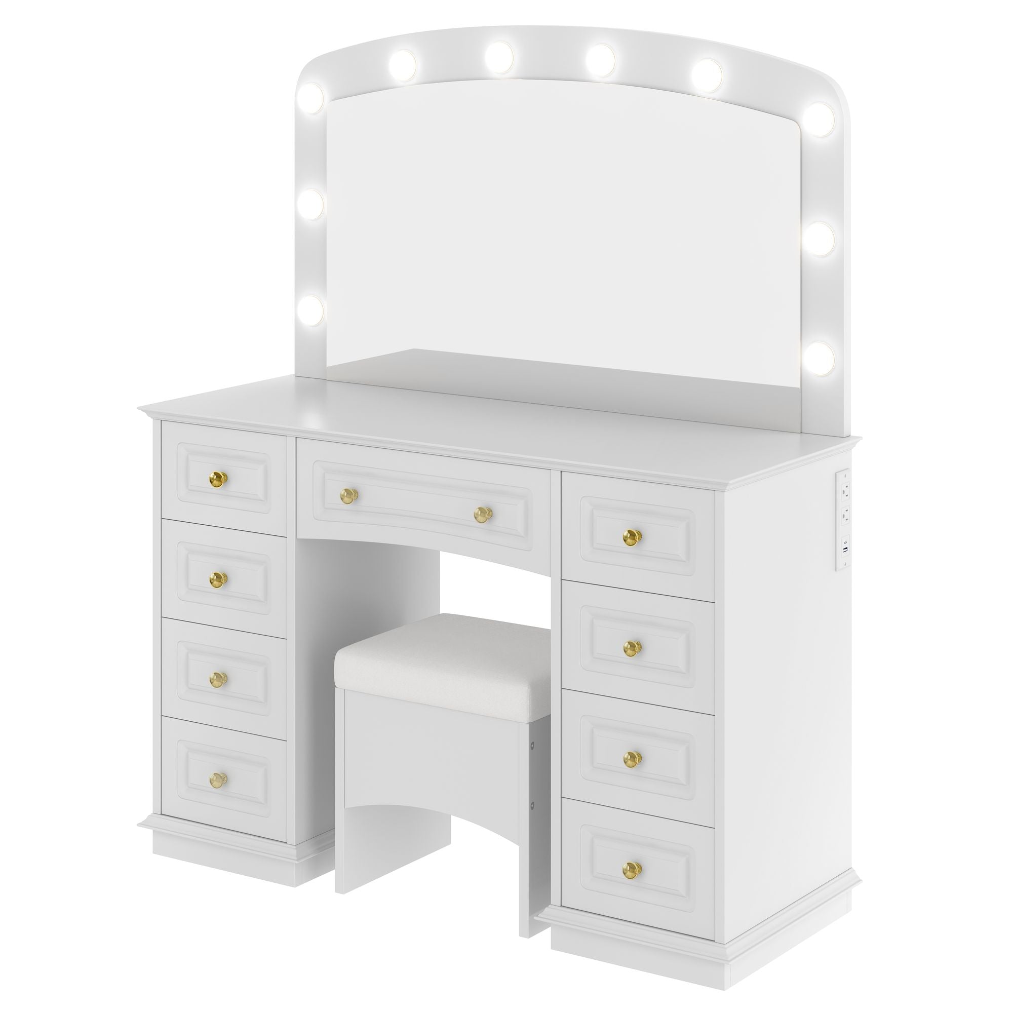 Luxurious Makeup Vanity with 10 Hollywood Bulbs, 3 Color Lighting Modes, Classic Dressing Table with Cushioned Stool and 9 Storage Drawers for Bedroom
