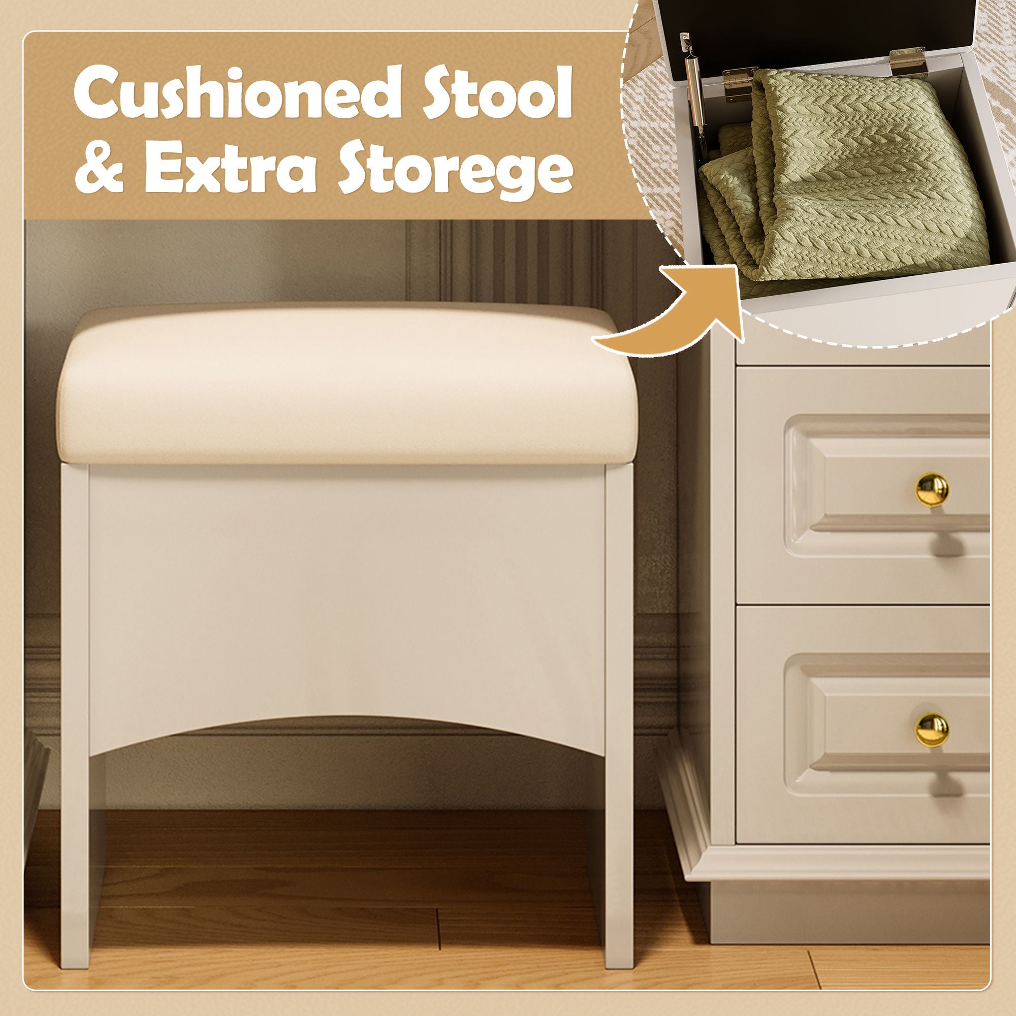 Luxurious Makeup Vanity with 10 Hollywood Bulbs, 3 Color Lighting Modes, Classic Dressing Table with Cushioned Stool and 9 Storage Drawers for Bedroom