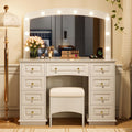 Luxurious Makeup Vanity with 10 Hollywood Bulbs, 3 Color Lighting Modes, Classic Dressing Table with Cushioned Stool and 9 Storage Drawers for Bedroom