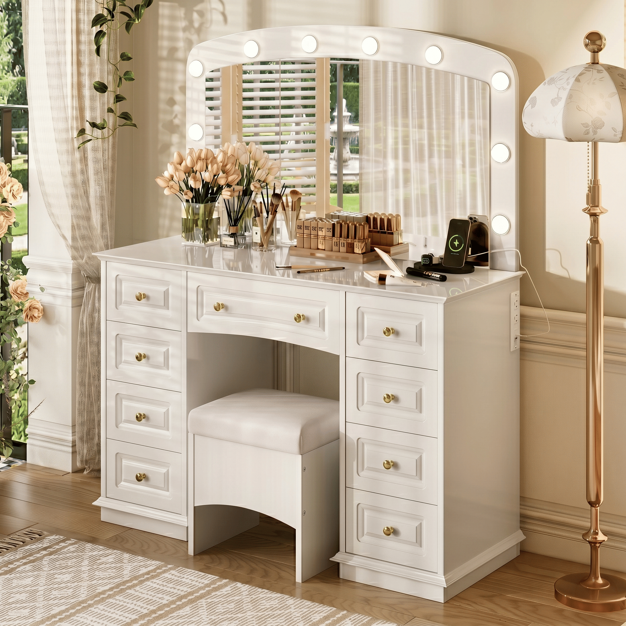 Luxurious Makeup Vanity with 10 Hollywood Bulbs, 3 Color Lighting Modes, Classic Dressing Table with Cushioned Stool and 9 Storage Drawers for Bedroom