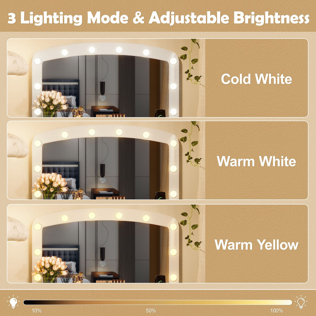 Luxurious Makeup Vanity with 10 Hollywood Bulbs, 3 Color Lighting Modes, Classic Dressing Table with Cushioned Stool and 9 Storage Drawers for Bedroom