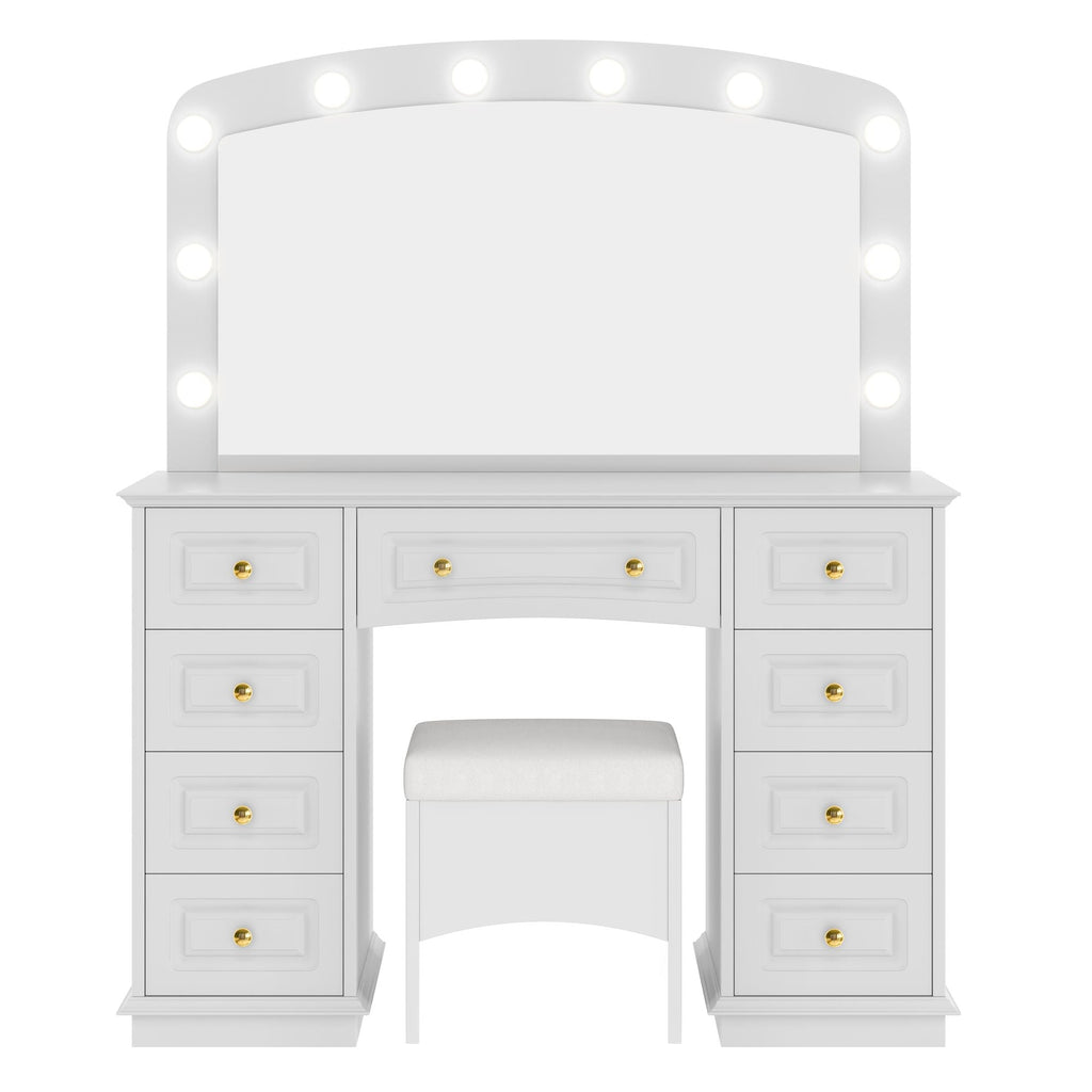 Luxurious Makeup Vanity with 10 Hollywood Bulbs, 3 Color Lighting Modes, Classic Dressing Table with Cushioned Stool and 9 Storage Drawers for Bedroom