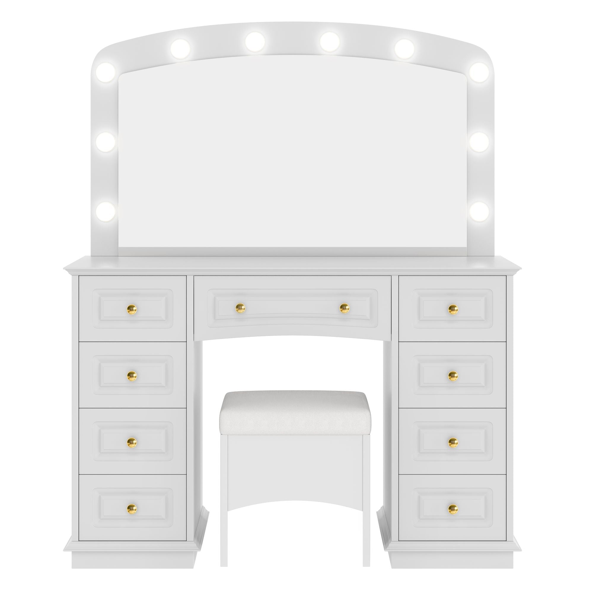 Luxurious Makeup Vanity with 10 Hollywood Bulbs, 3 Color Lighting Modes, Classic Dressing Table with Cushioned Stool and 9 Storage Drawers for Bedroom