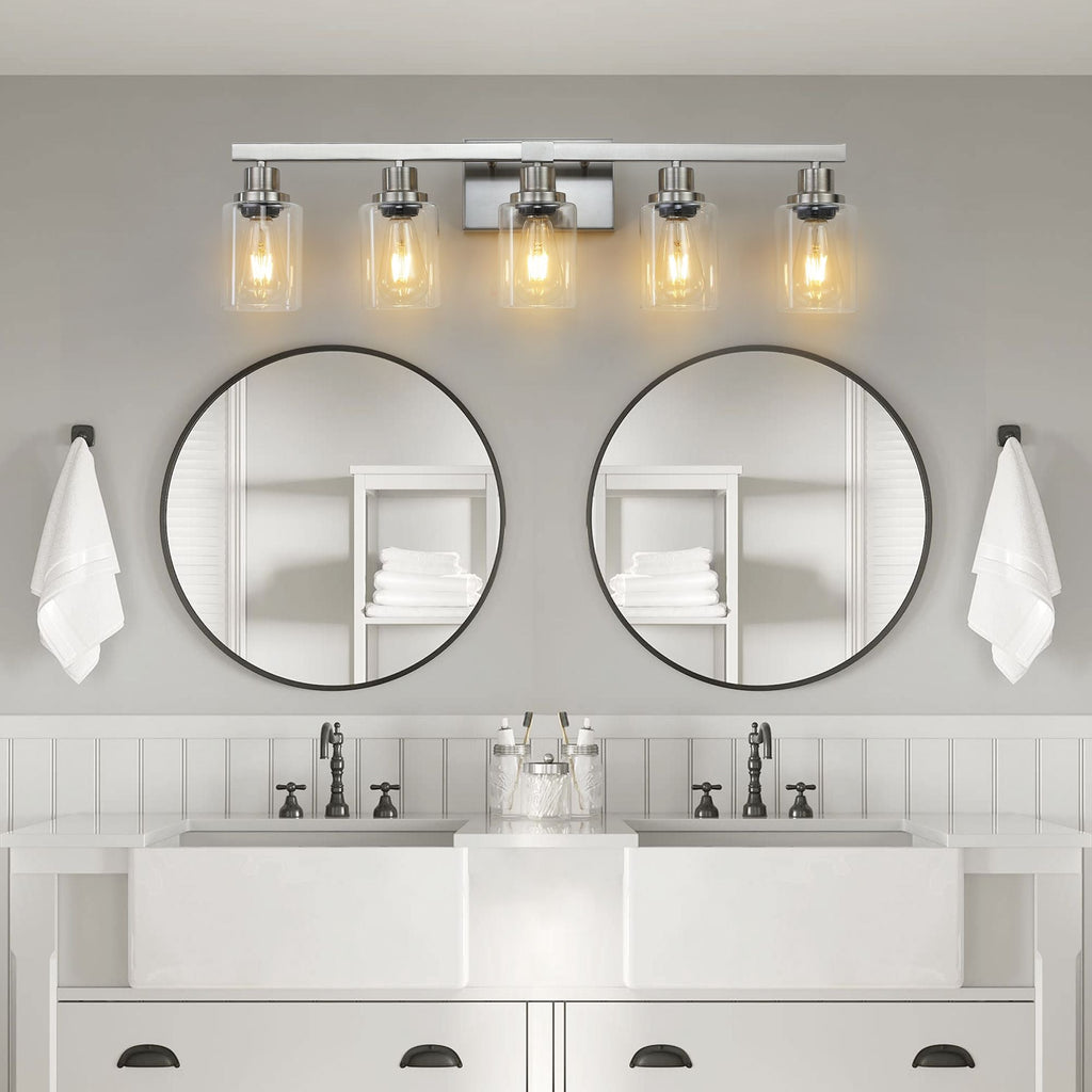 31" Modern 5-Light Bathroom Vanity Light Fixture - Brushed Nickel Finish with Clear Glass Shades, Perfect for Bathroom, Vanity, and Dressing Area Lighting (No Bulbs)