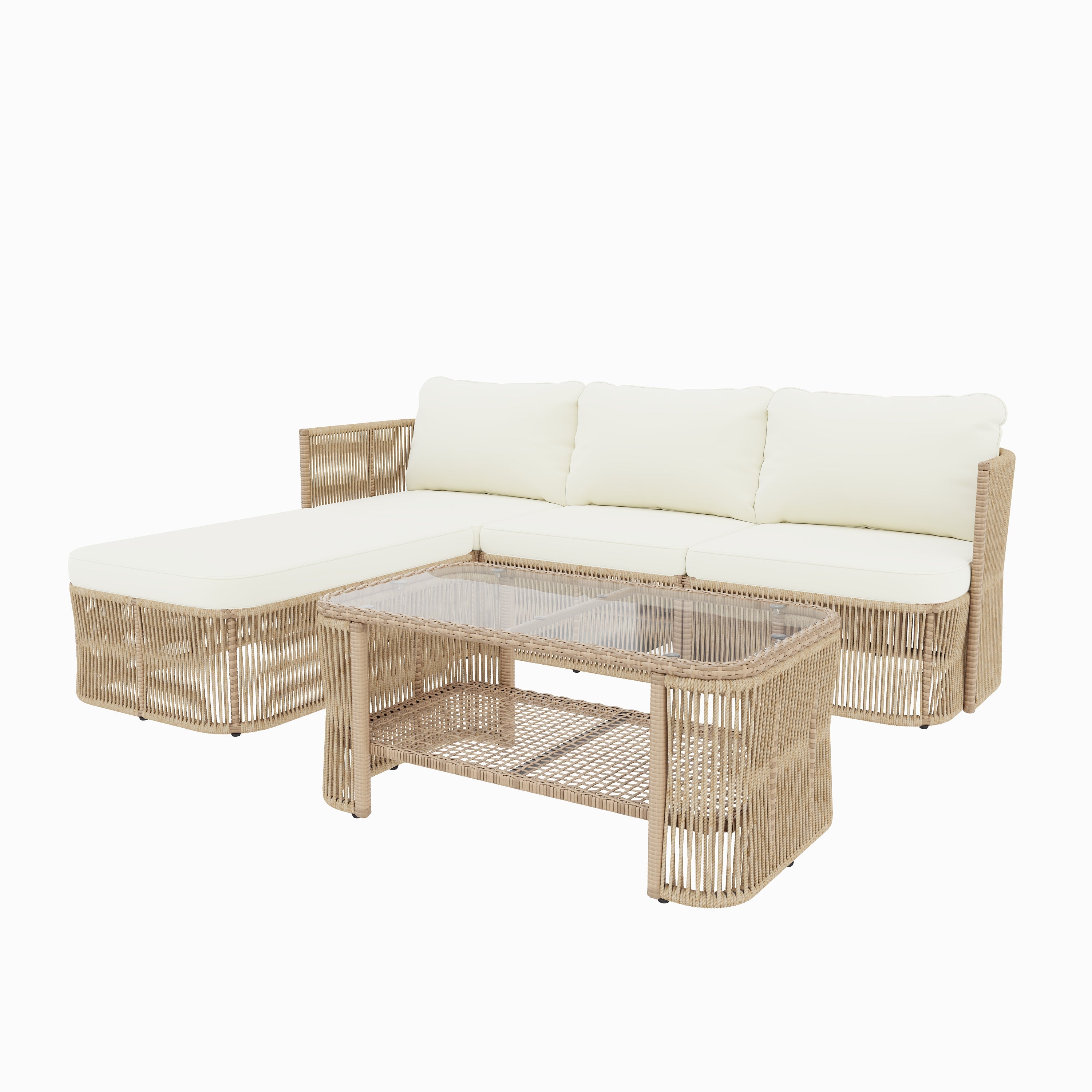 Outdoor Patio Set PE Rattan Iron Dark Beige Modular Glass Table