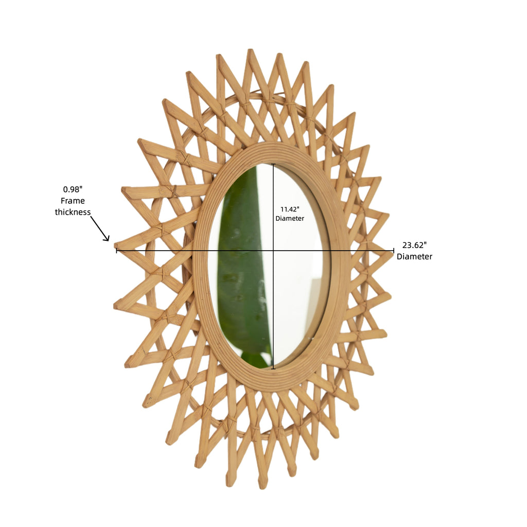 Wall Mirror Round Bamboo Hemp Rope Diamond Pattern Natural Boho 23.6 In