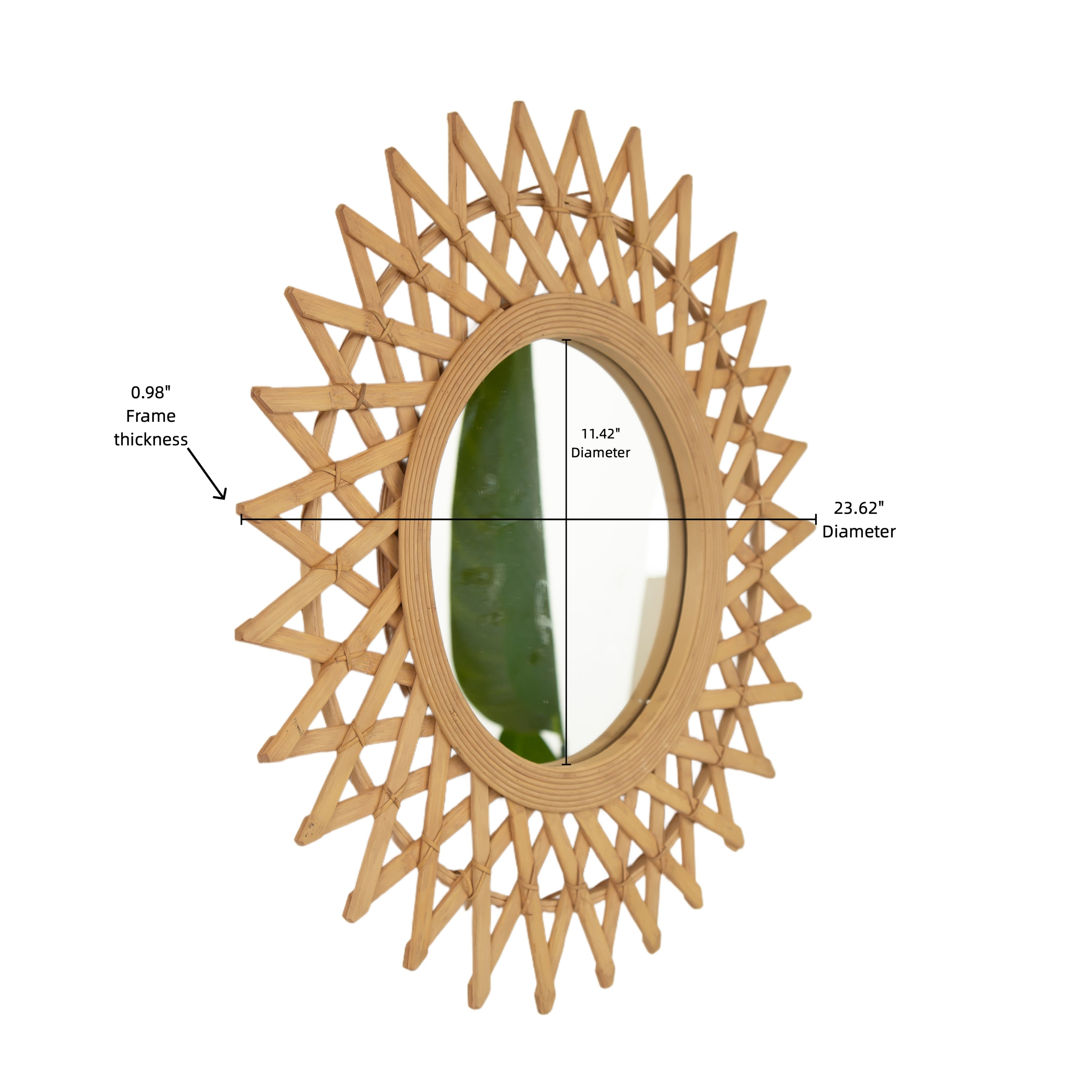 Wall Mirror Round Bamboo Hemp Rope Diamond Pattern Natural Boho 23.6 In