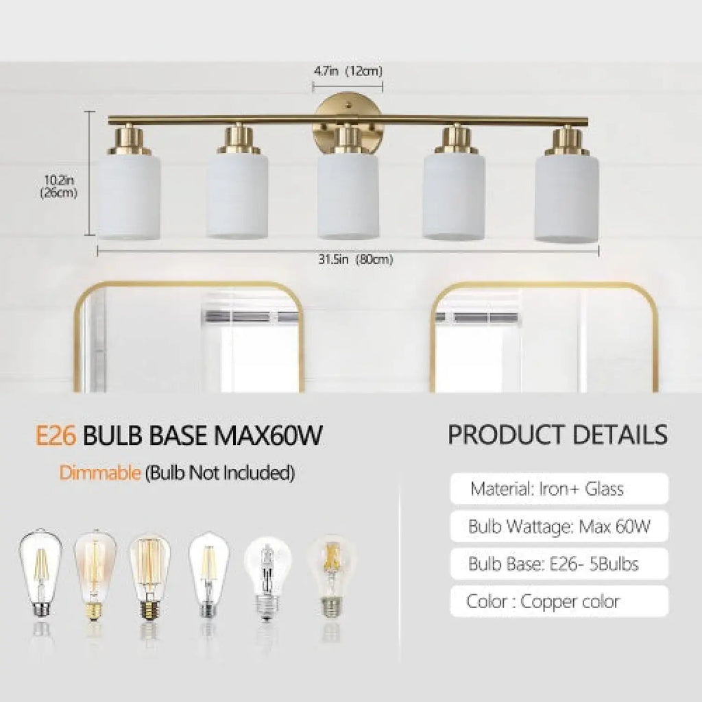 Elegant Vanity Lights for Bathroom in Gold with 5 Lights Fixture
