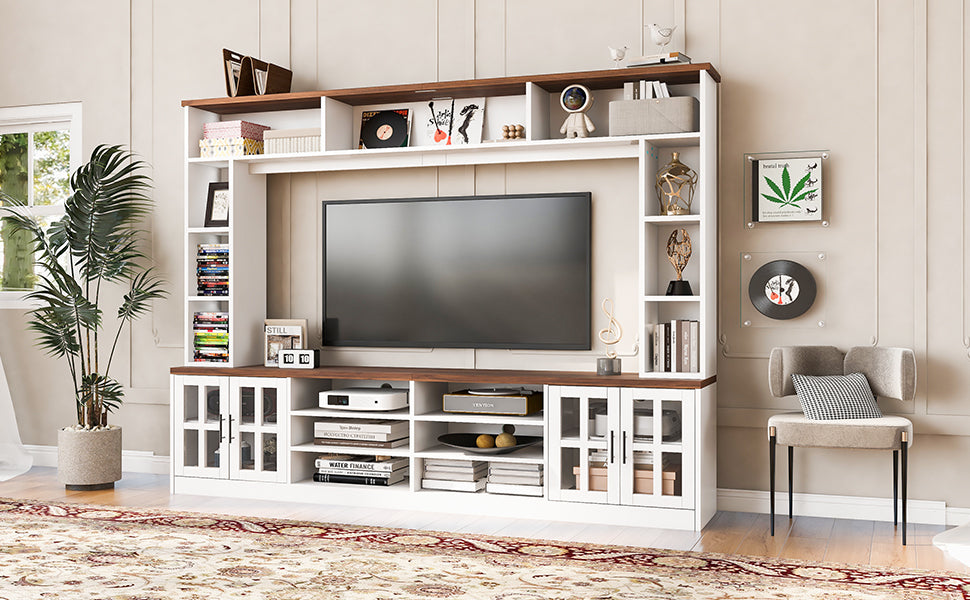 Entertainment Center Wall Unit White MDF Glass Fits 80 In TV 95.5x78.7 In
