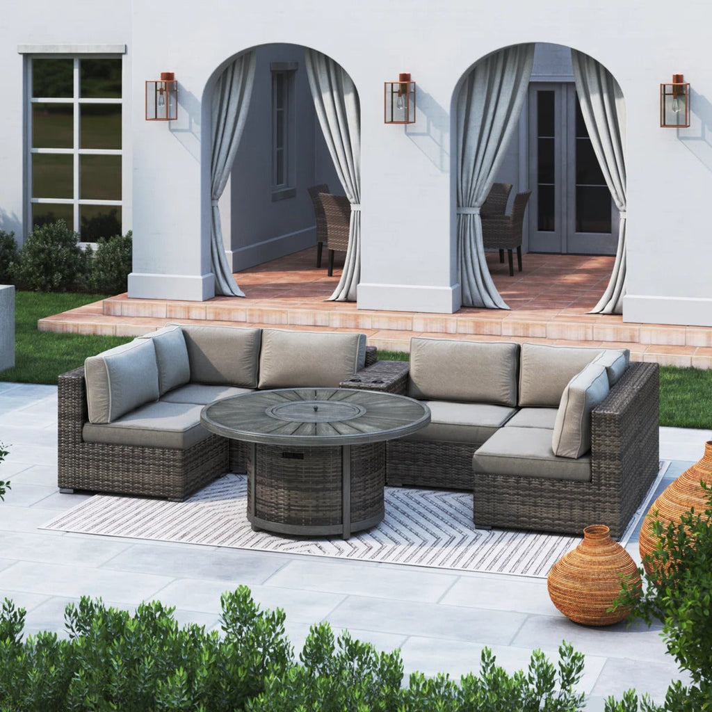 Outdoor Patio Set with Fire Pit Espresso HDPE Wicker 8 Piece