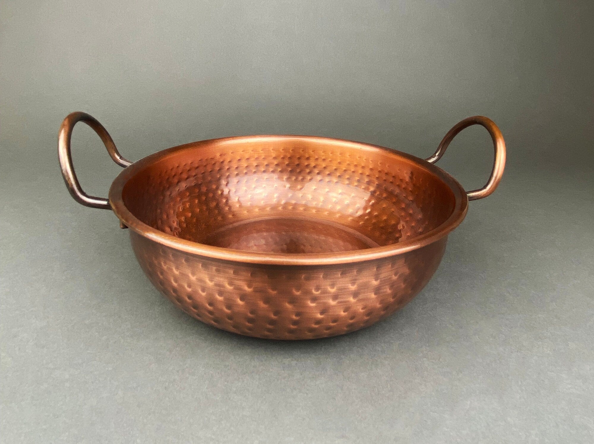 Vintage Hand Hammered Copper Bowl with Handles for Rustic Kitchen Decor