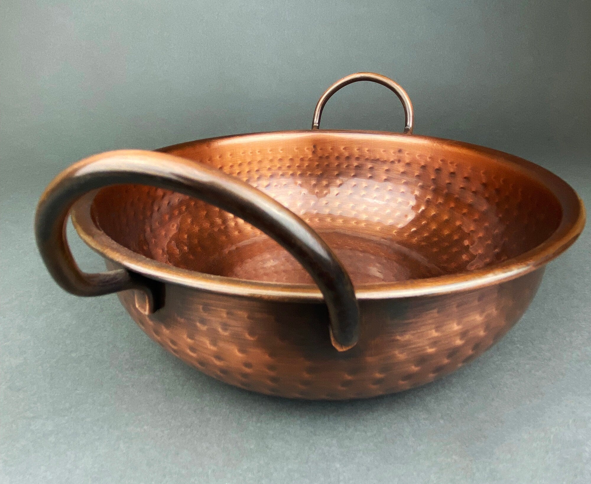 Vintage Hand Hammered Copper Bowl with Handles for Rustic Kitchen Decor