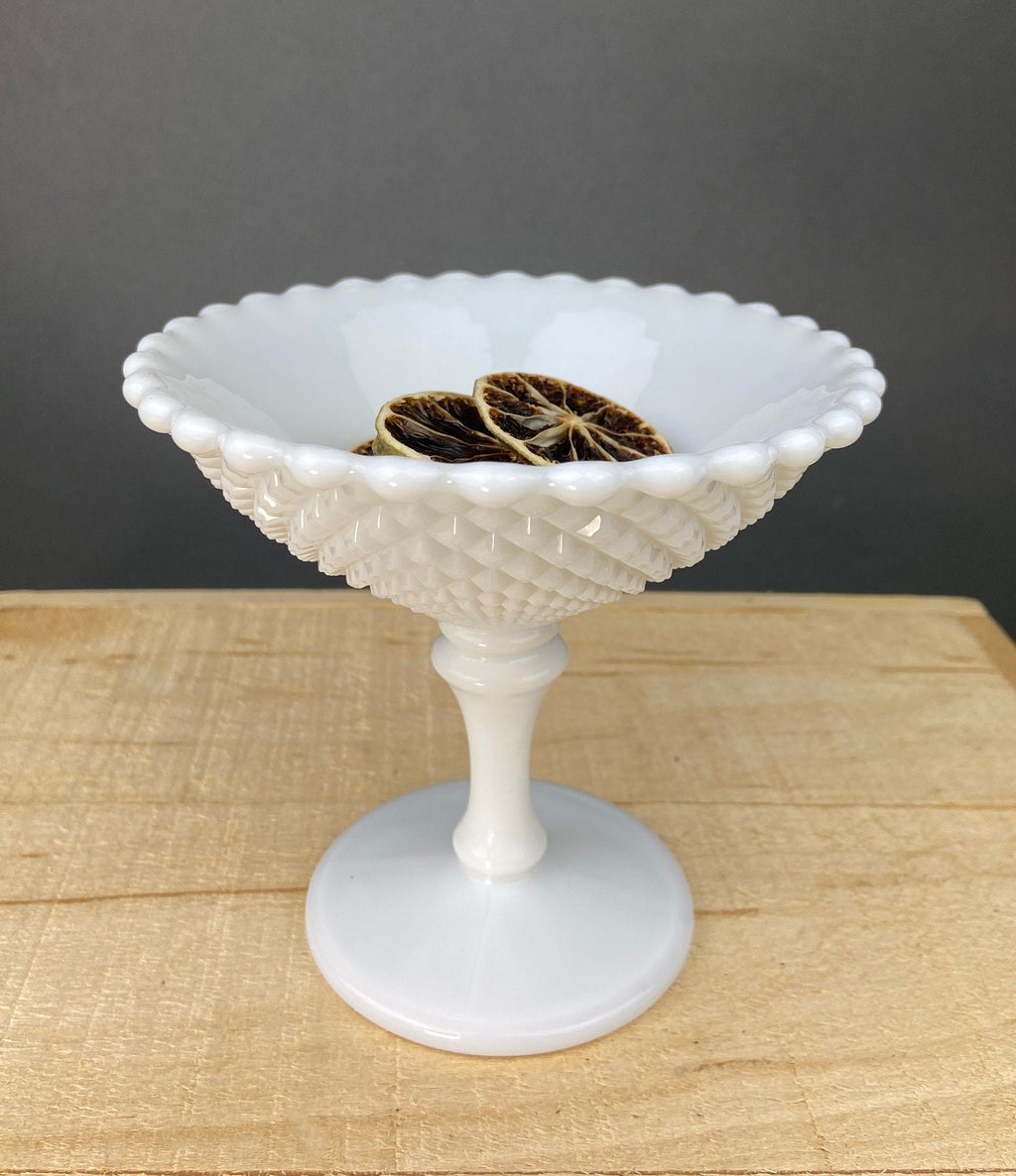 Milk Glass Serving Dish with Plate. Hobnail Serving Bowl for Dip, Dressing, or Sauce. White Scalloped Rim. Fine Dining. Collectible.