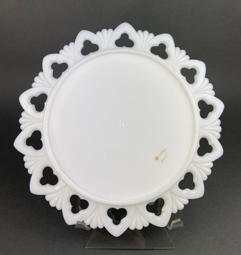 Westmoreland Milk Glass Decorative Plates with Hand Painted Violets,  Cherry Blossom, and Fruit.  Set of Four Plates with Reticulated Rim.