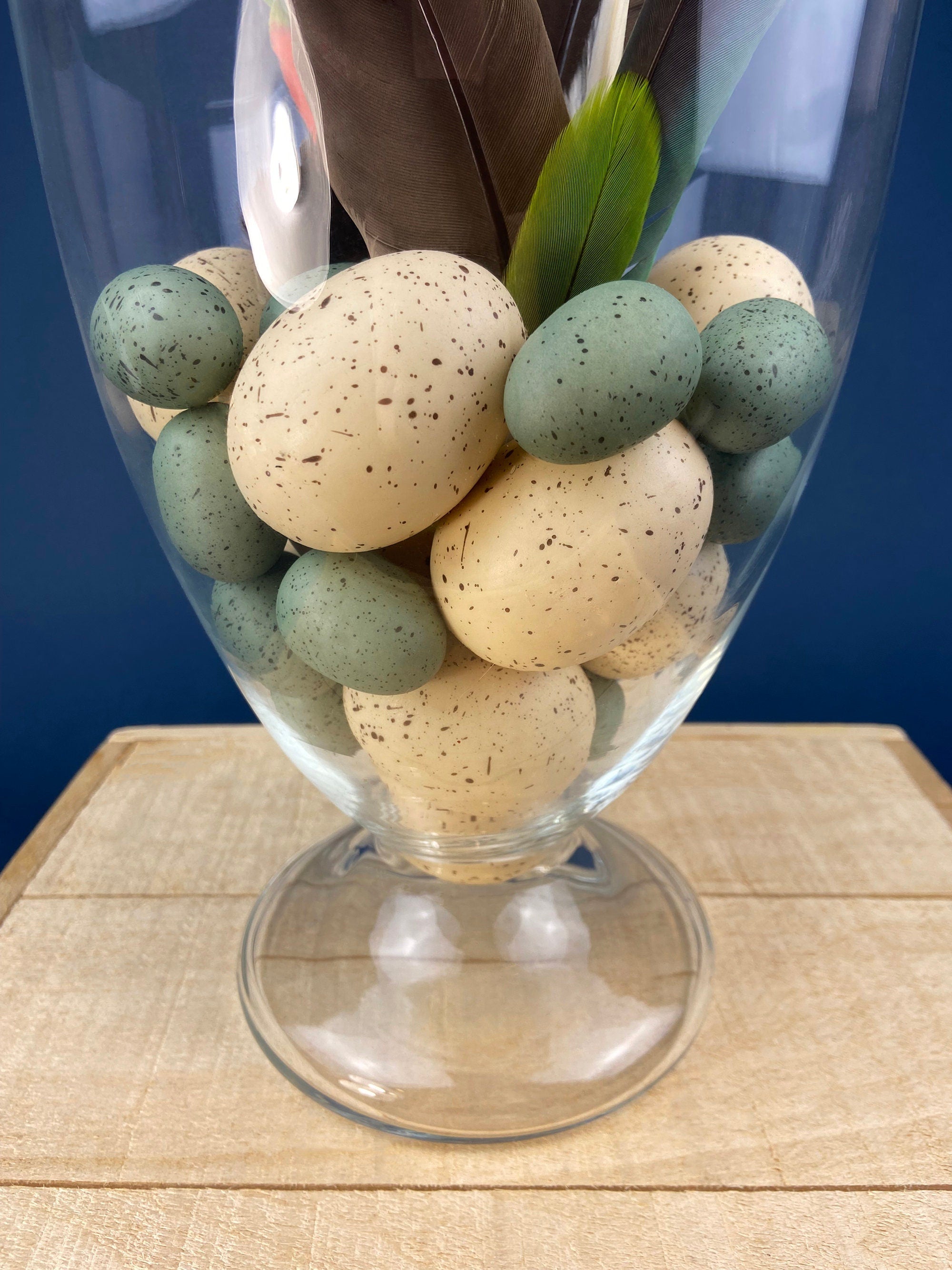 Large Lidded Apothecary with Eggs and Feathers. Alternative Spring/Easter Decor.  Footed, Glass Storage Jar. Table Centerpiece. Shabby Chic.