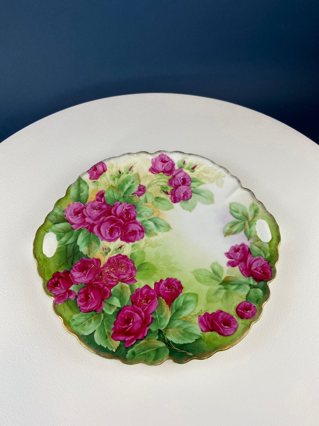 Antique Hand Painted Red Roses Serving or Decorative Plate. Luxurious Dining or Collectible Display. French Country Living. Wedding Gift.