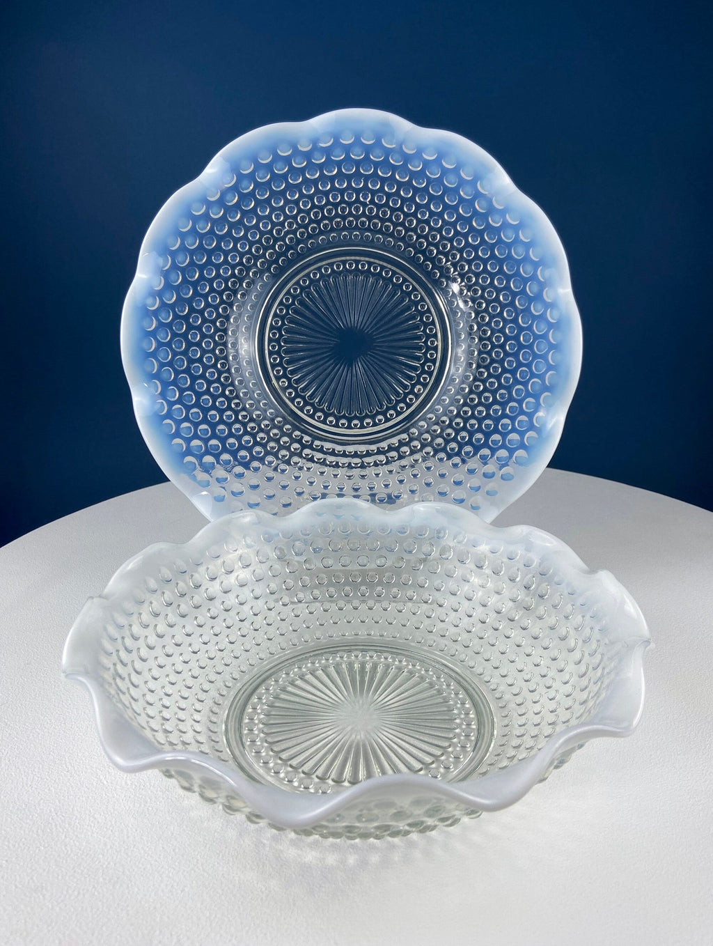 Vintage Moonstone Serving Set. Hobnail Large Bowl and Matching Plate. Salad or Fruit Bowl. Serving Platter. Modern Table Centerpiece.