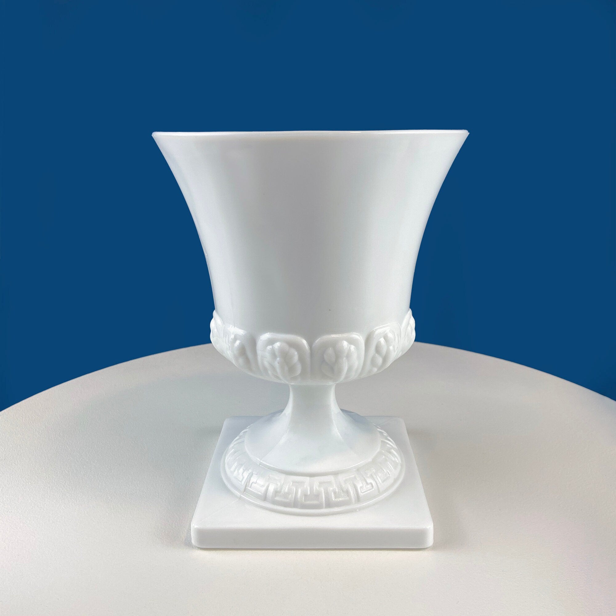 Vintage 7" Milk Glass Urn or Compote Pedestal with Greek Key & Wheat Motif. White Footed E.O Brody Planter. Herb Garden. Dining Room Decor.