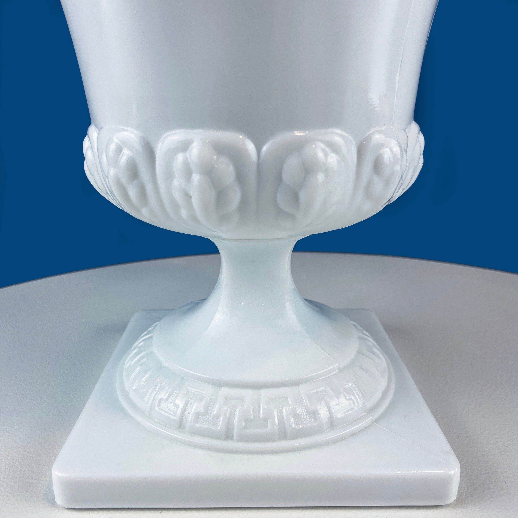 Vintage 7" Milk Glass Urn or Compote Pedestal with Greek Key & Wheat Motif. White Footed E.O Brody Planter. Herb Garden. Dining Room Decor.