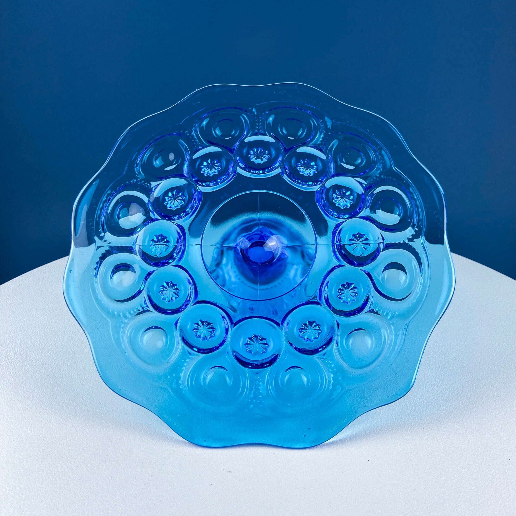 Vintage Aqua Blue Glass Footed Serving Bowl. LE Smith Moon and Stars Glass Bowl with Scalloped  Edge. Fruit Bowl. Dining Room Decor.