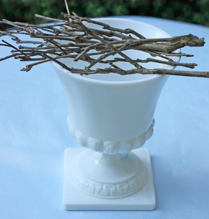 Vintage 7" Milk Glass Urn or Compote Pedestal with Greek Key & Wheat Motif. White Footed E.O Brody Planter. Herb Garden. Dining Room Decor.