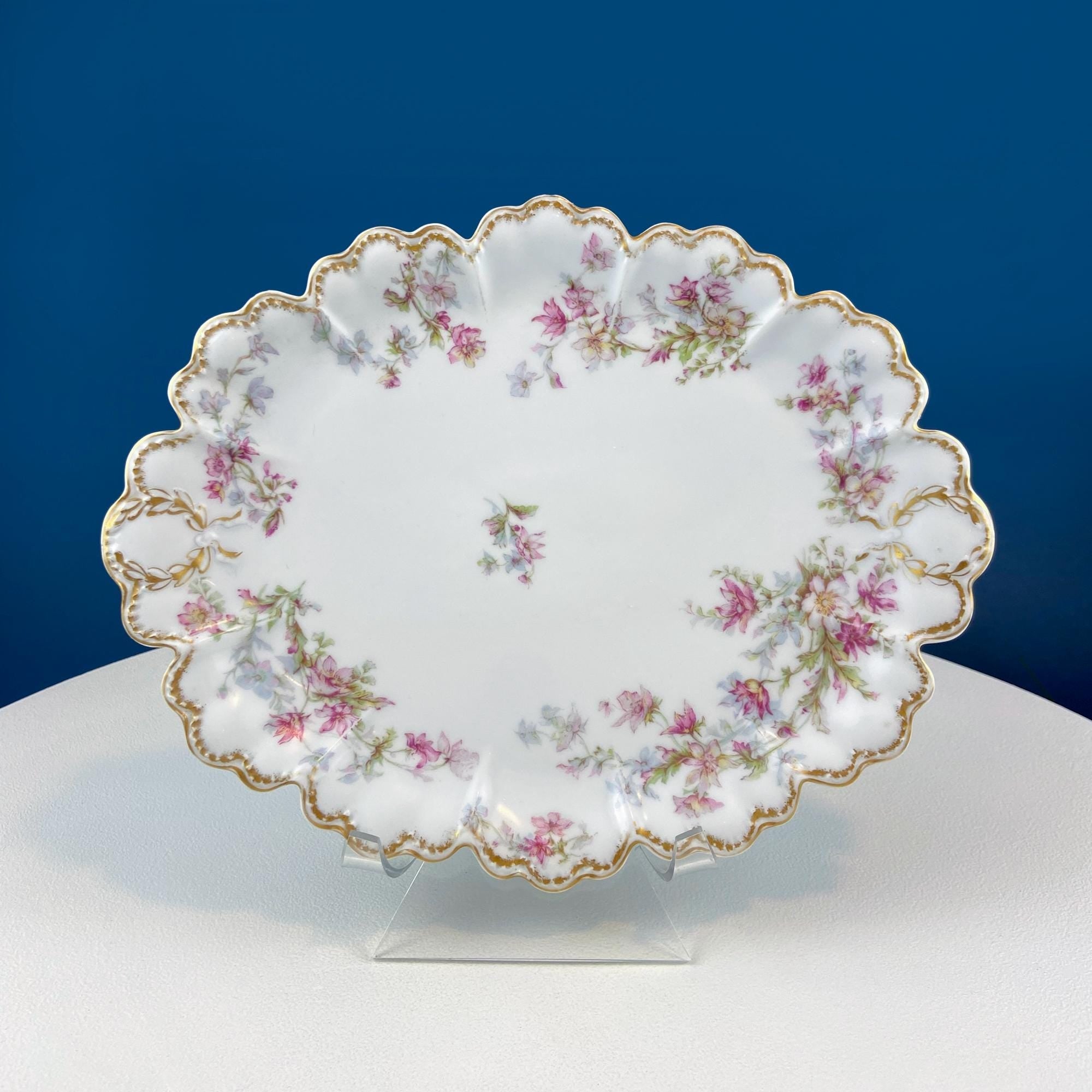 Oval Haviland Limoges Platter with Scalloped Edge. Stunning Porcelain Serving Dish. Wild Roses Motif. French Country. Serviceware.