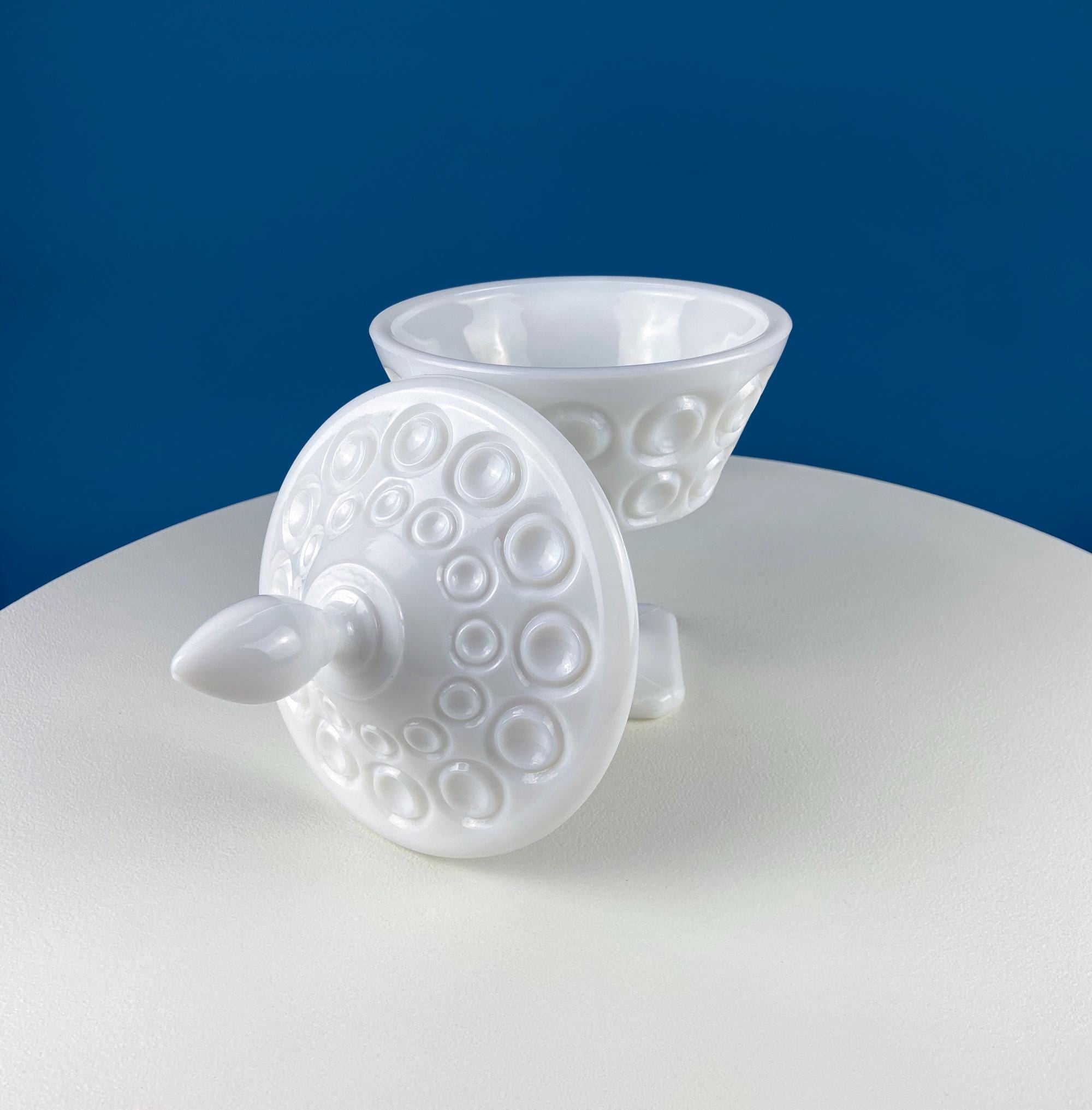 Vintage Milk Glass Footed Bowl with Lid. Circular Embossed Motif. White Bath Bedroom Vanity Storage. Dining Room Decor. Table Centerpiece.