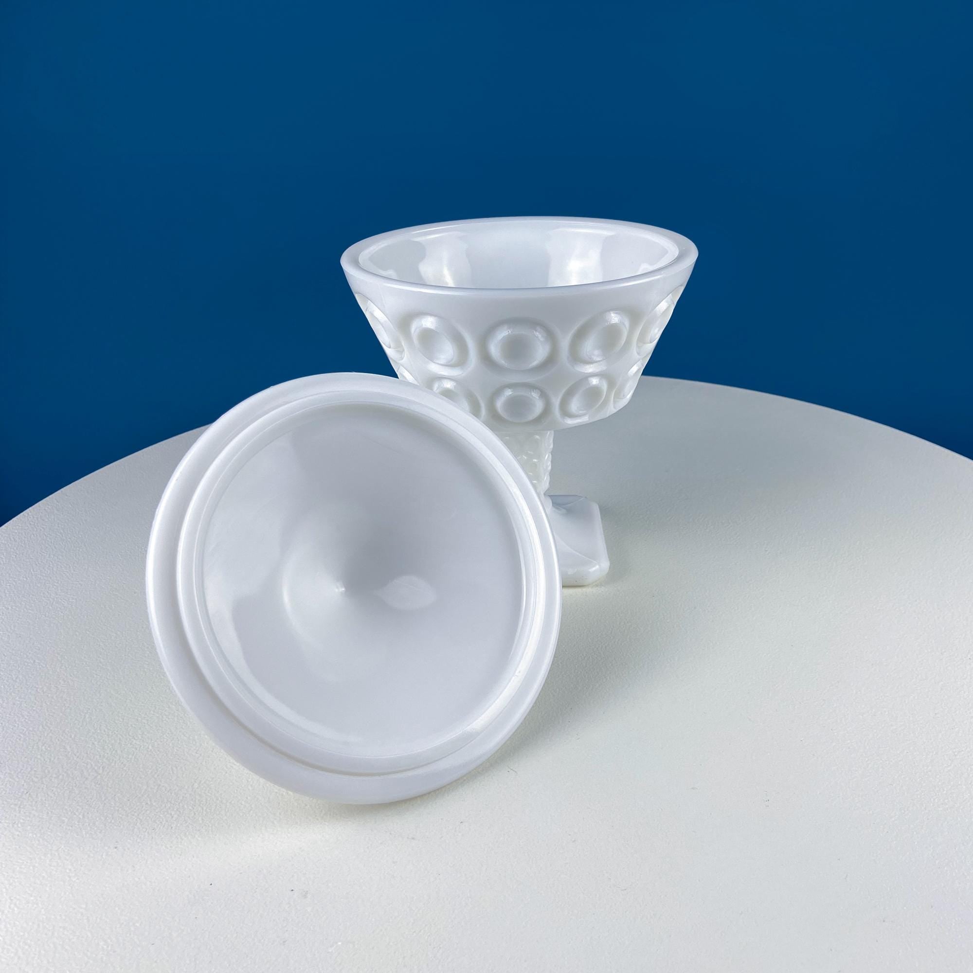 Vintage Milk Glass Footed Bowl with Lid. Circular Embossed Motif. White Bath Bedroom Vanity Storage. Dining Room Decor. Table Centerpiece.