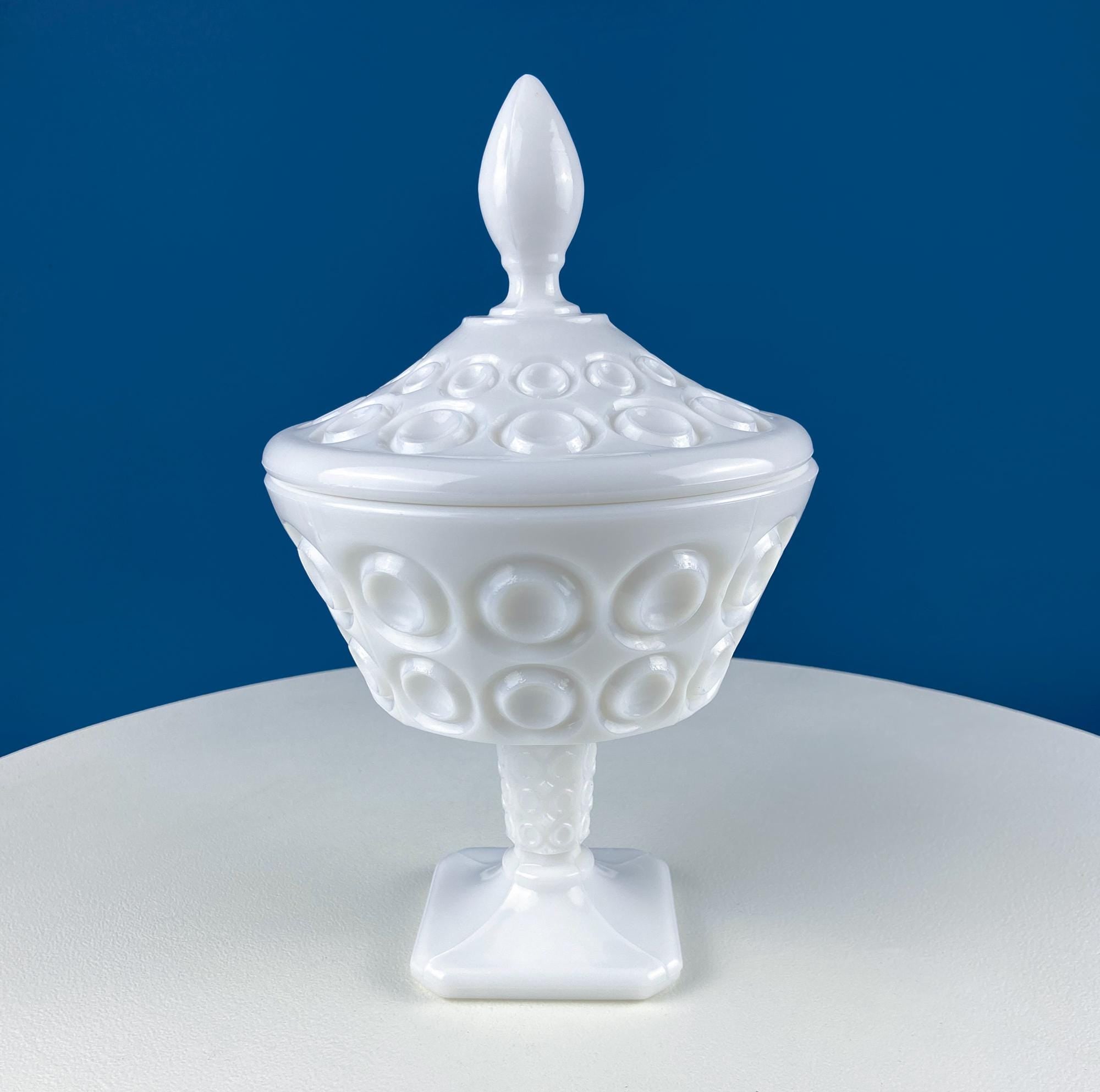 Vintage Milk Glass Footed Bowl with Lid. Circular Embossed Motif. White Bath Bedroom Vanity Storage. Dining Room Decor. Table Centerpiece.