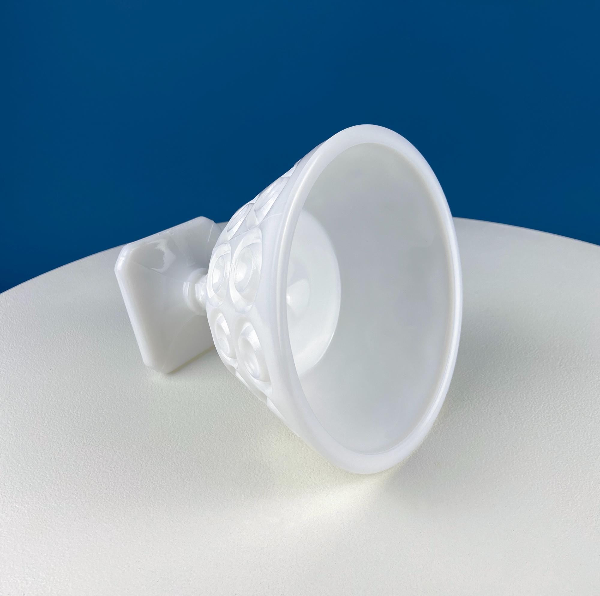 Vintage Milk Glass Footed Bowl with Lid. Circular Embossed Motif. White Bath Bedroom Vanity Storage. Dining Room Decor. Table Centerpiece.