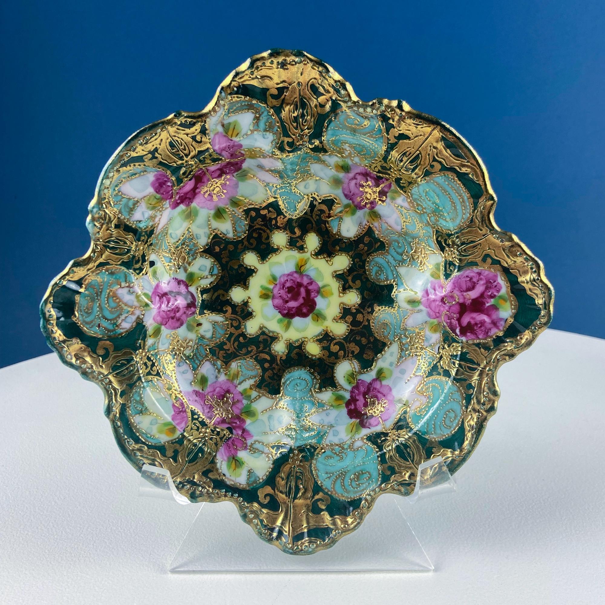 Old Hand Painted Porcelain Serving Bowl or Decorative Victorian Centerpiece with Scalloped Edges. Rich Gold Beaded Framework. Roses Motif.