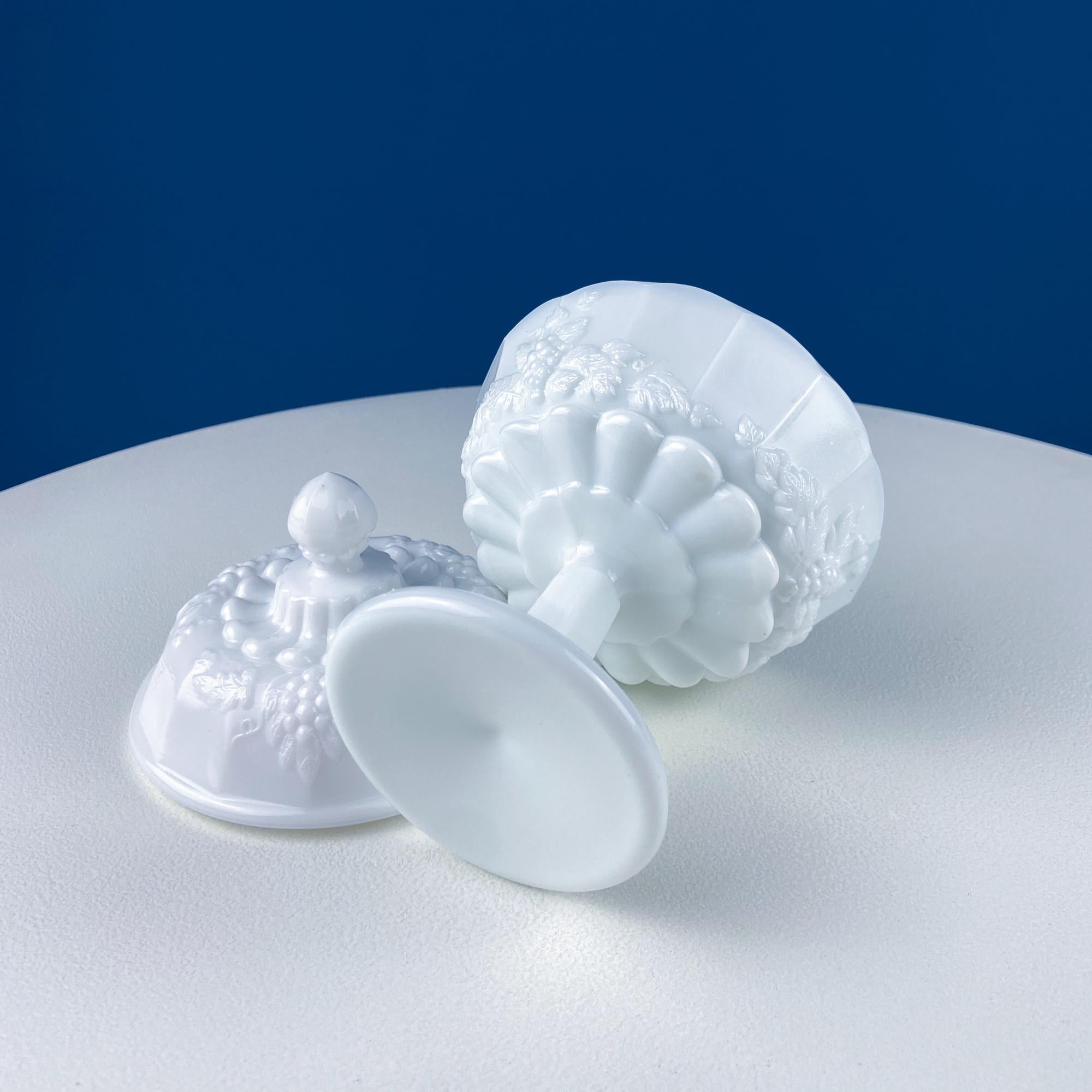 Vintage Westmoreland Milk Glass Serving Storage Dish Set with Vine & Grape Motif. Lidded Candy Dish, Jam Jar. Bath Dining Rm Table Decor.