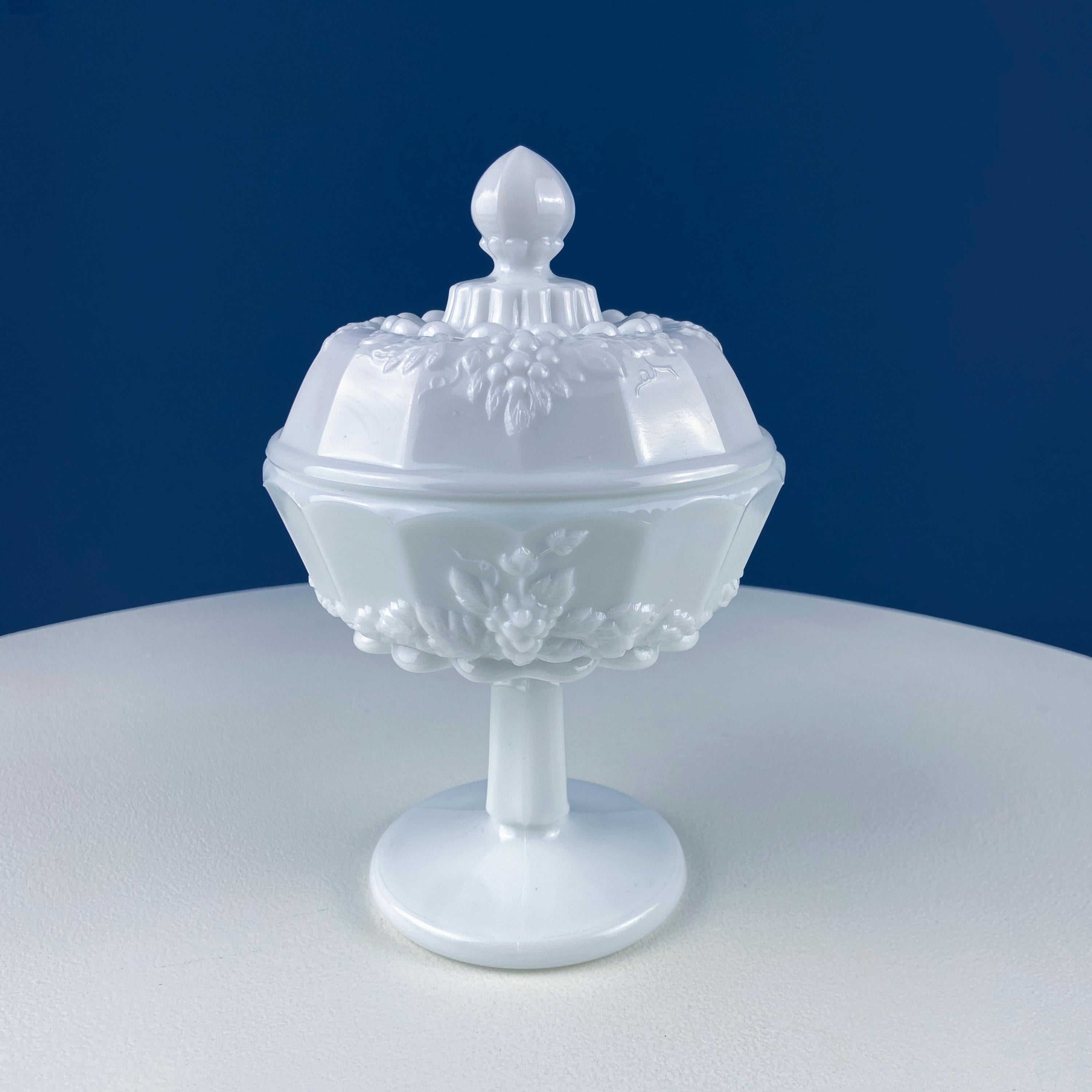 Vintage Westmoreland Milk Glass Serving Storage Dish Set with Vine & Grape Motif. Lidded Candy Dish, Jam Jar. Bath Dining Rm Table Decor.