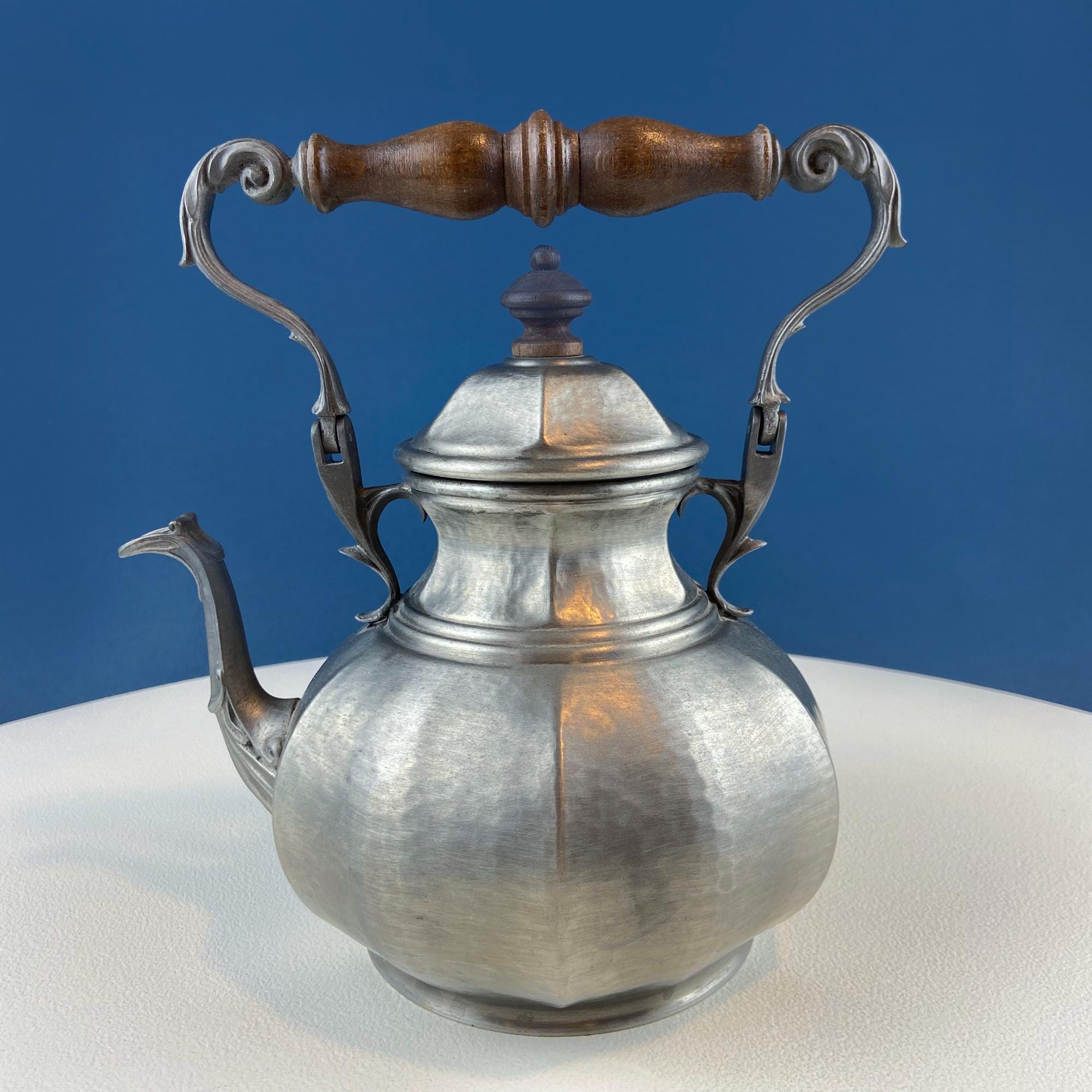 Vintage Italian Pewter Coffee Tea Set. Elegant Curvillinear Silhouette with Wood Handle. Set of 3: Pot Creamer Sugar Jar. Dining Room Decor.