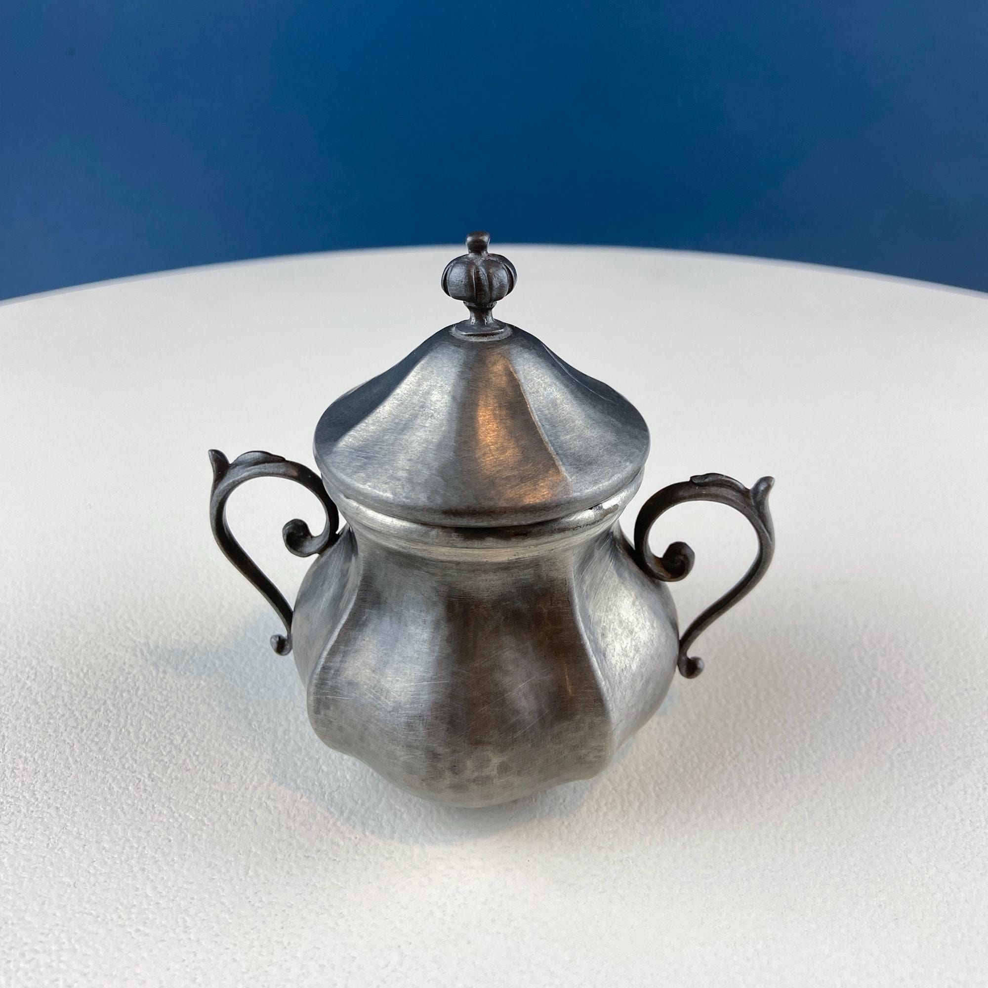 Vintage Italian Pewter Coffee Tea Set. Elegant Curvillinear Silhouette with Wood Handle. Set of 3: Pot Creamer Sugar Jar. Dining Room Decor.