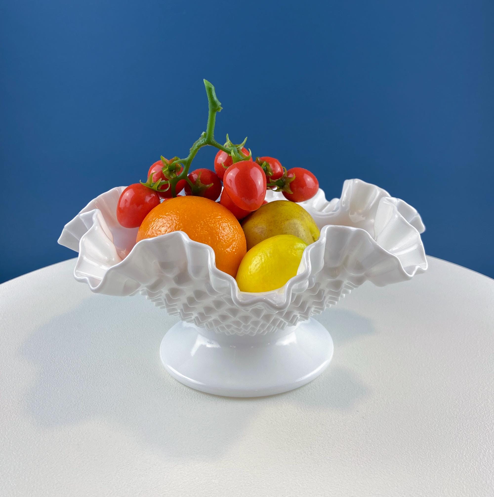 Fenton Milk Glass Hobnail Footed Bowl with Ruffled Edge. Vintage Collectible White Fruit Serving Dish. Dining Room Decor. Table Centerpiece.