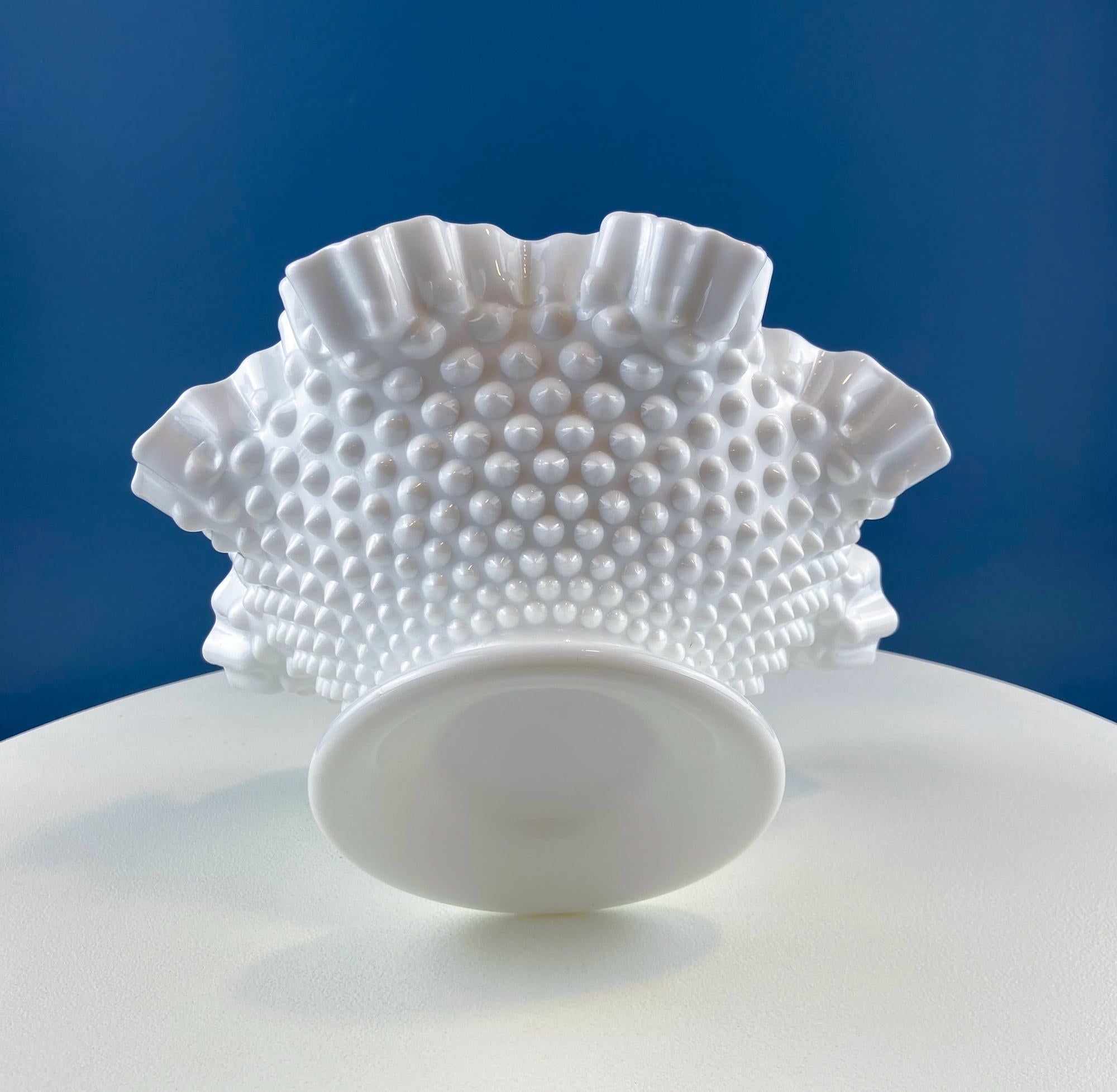 Fenton Milk Glass Hobnail Footed Bowl with Ruffled Edge. Vintage Collectible White Fruit Serving Dish. Dining Room Decor. Table Centerpiece.