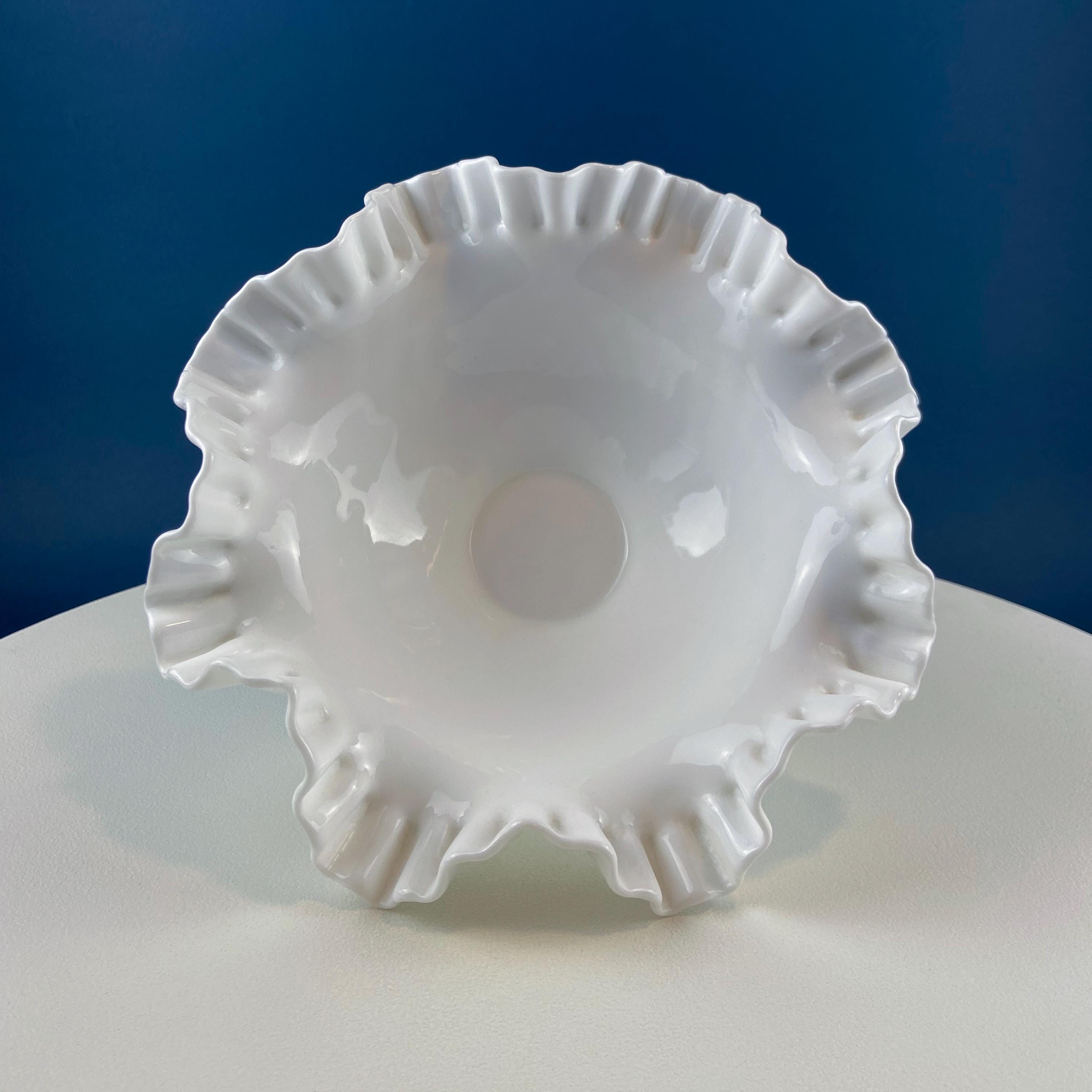 Fenton Milk Glass Hobnail Footed Bowl with Ruffled Edge. Vintage Collectible White Fruit Serving Dish. Dining Room Decor. Table Centerpiece.