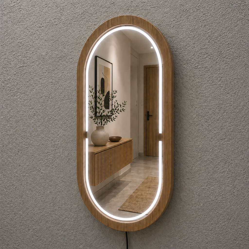 Handmade Beech Wood Framed LED Capsule Mirror Dimmable Lighted Wall Mirror