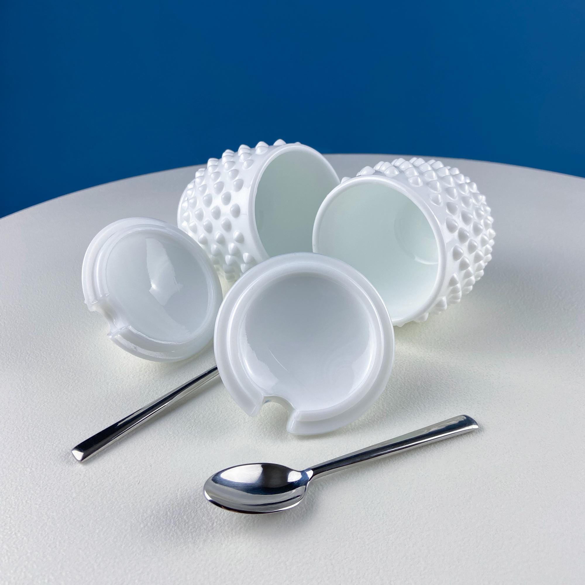 Vintage Fenton Milk Glass Serving Jars with Silver Spoons. Set of 2 White Jam, Condiments Hobnail Serving Bowls. Dining Room Decor.