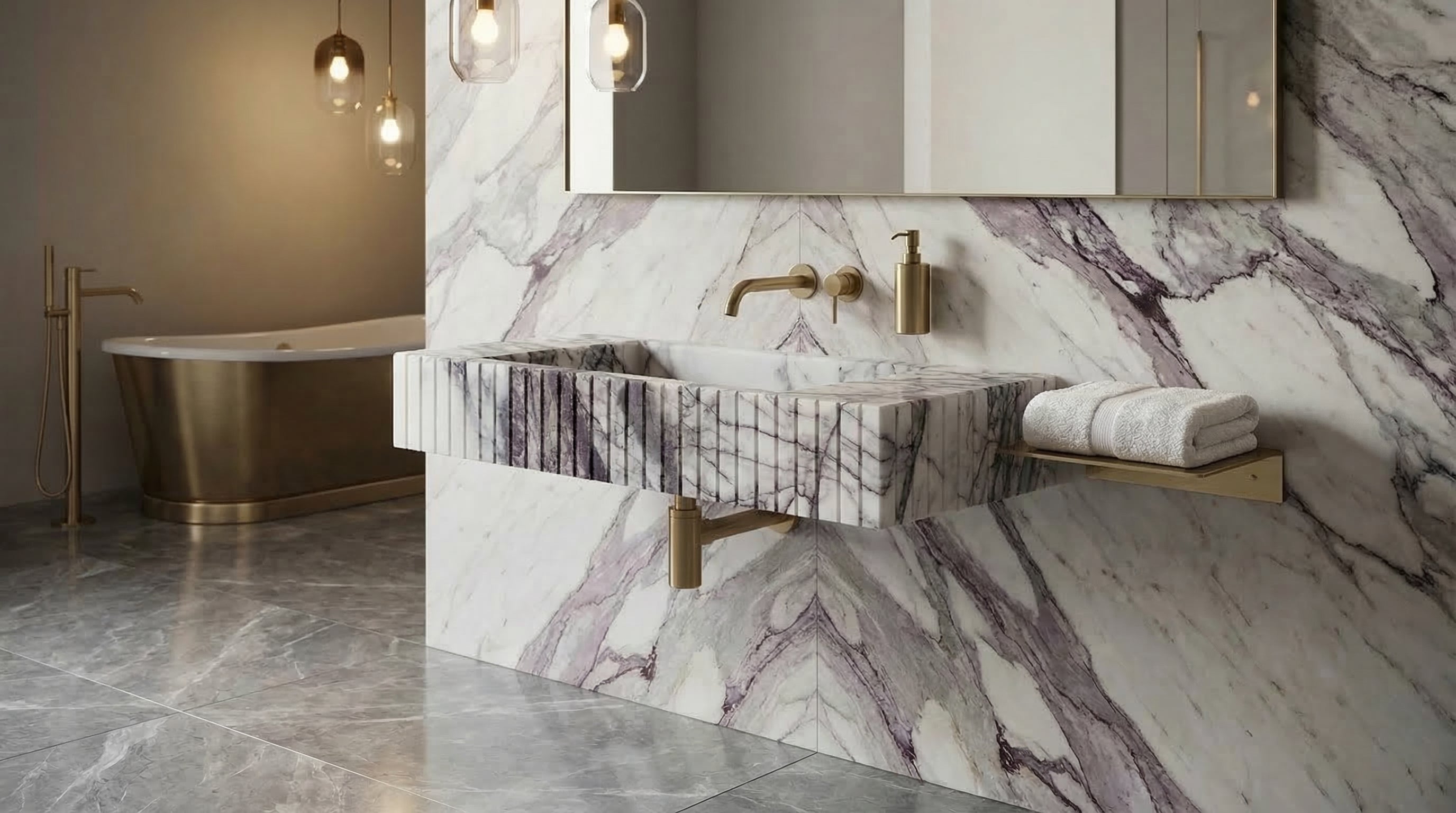 New York Marble Wall-mount Bathroom Sink Fluted (W)12" (L)20" (H)5"
