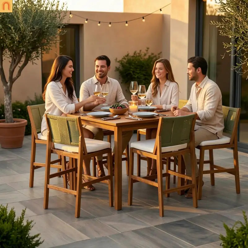 Outdoor Bar Stool Acacia Wood Wicker Green Cream Cushion Set of 4